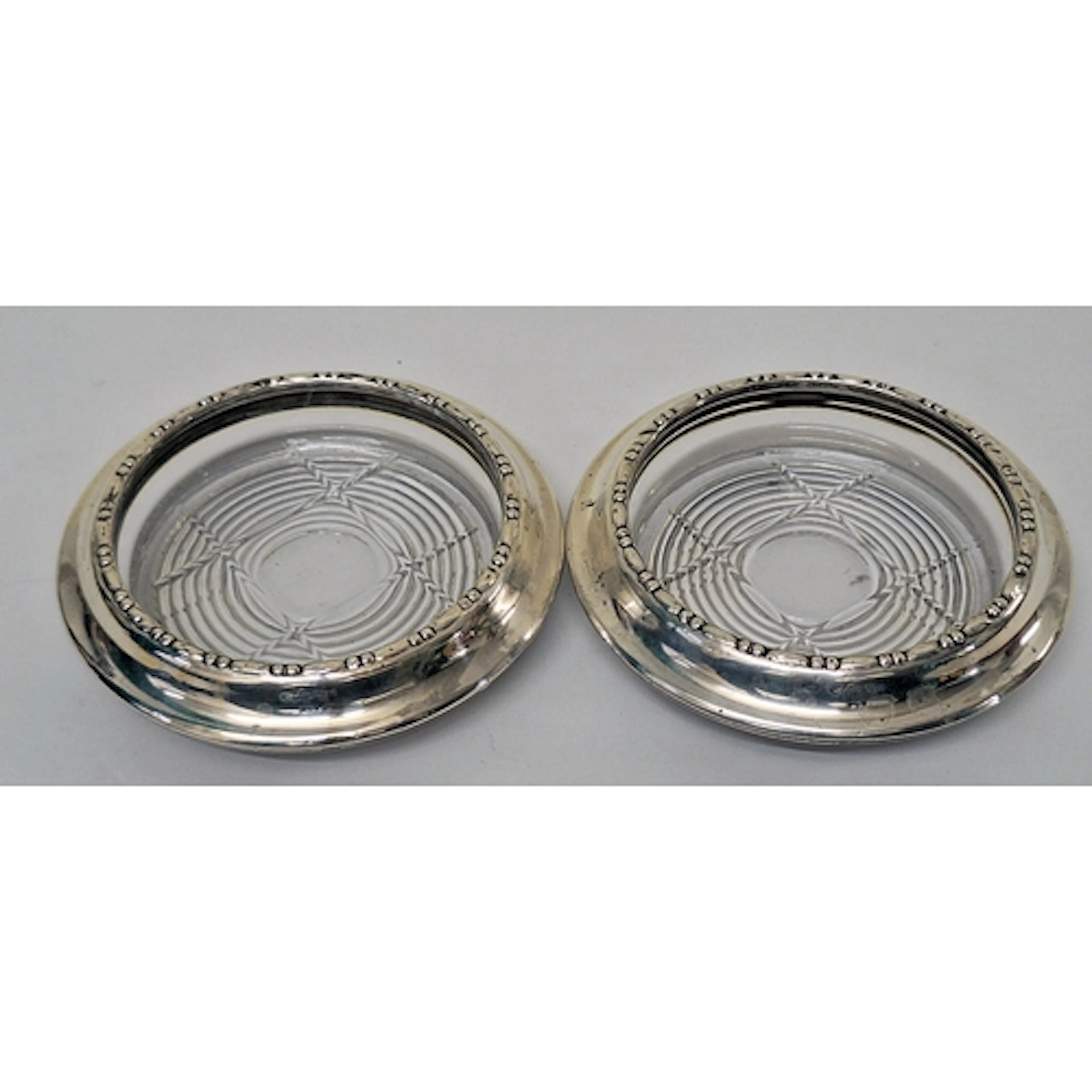 Pair Glass Sterling Silver Mounted Coasters marked Amston