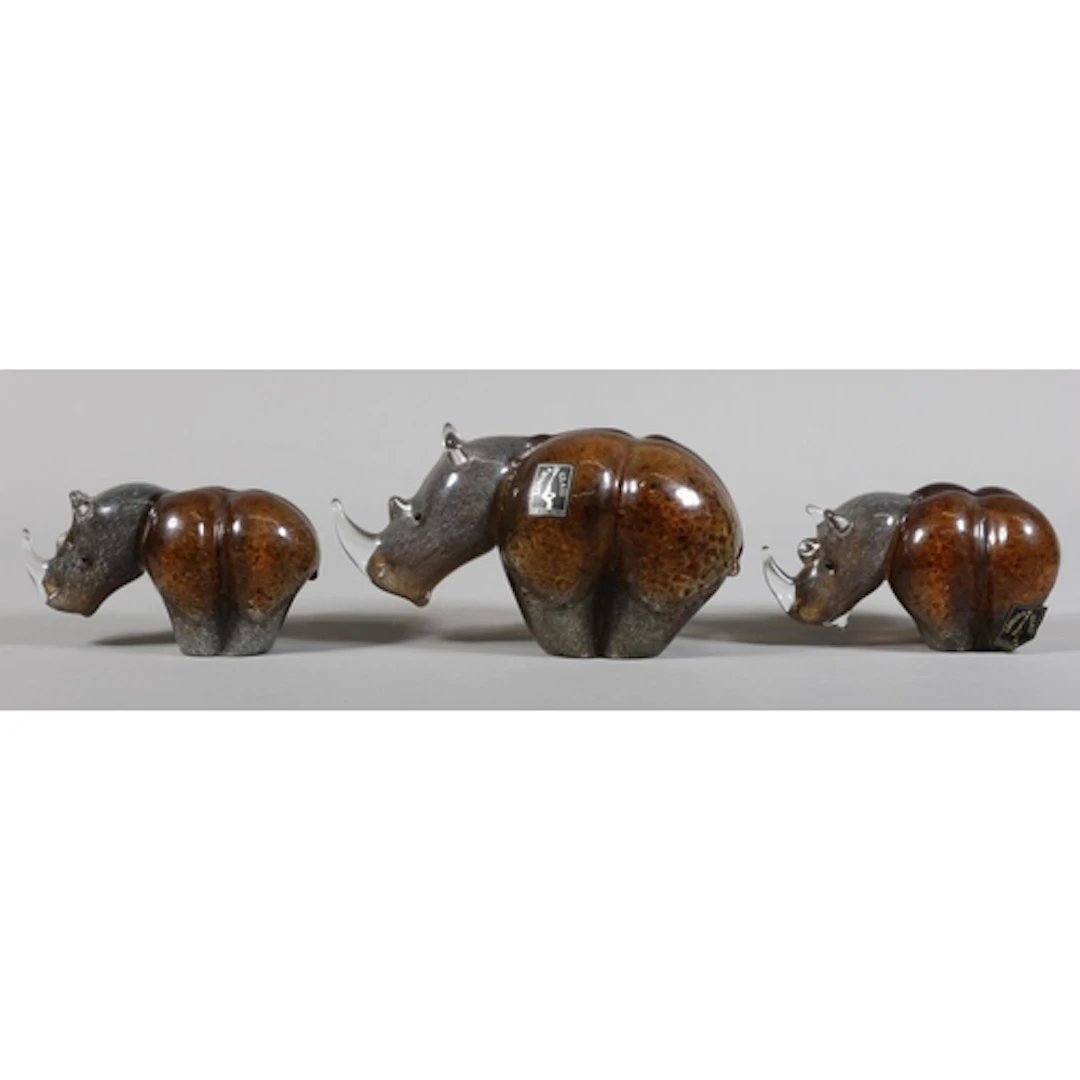 Three Langholm Glass rhinos.