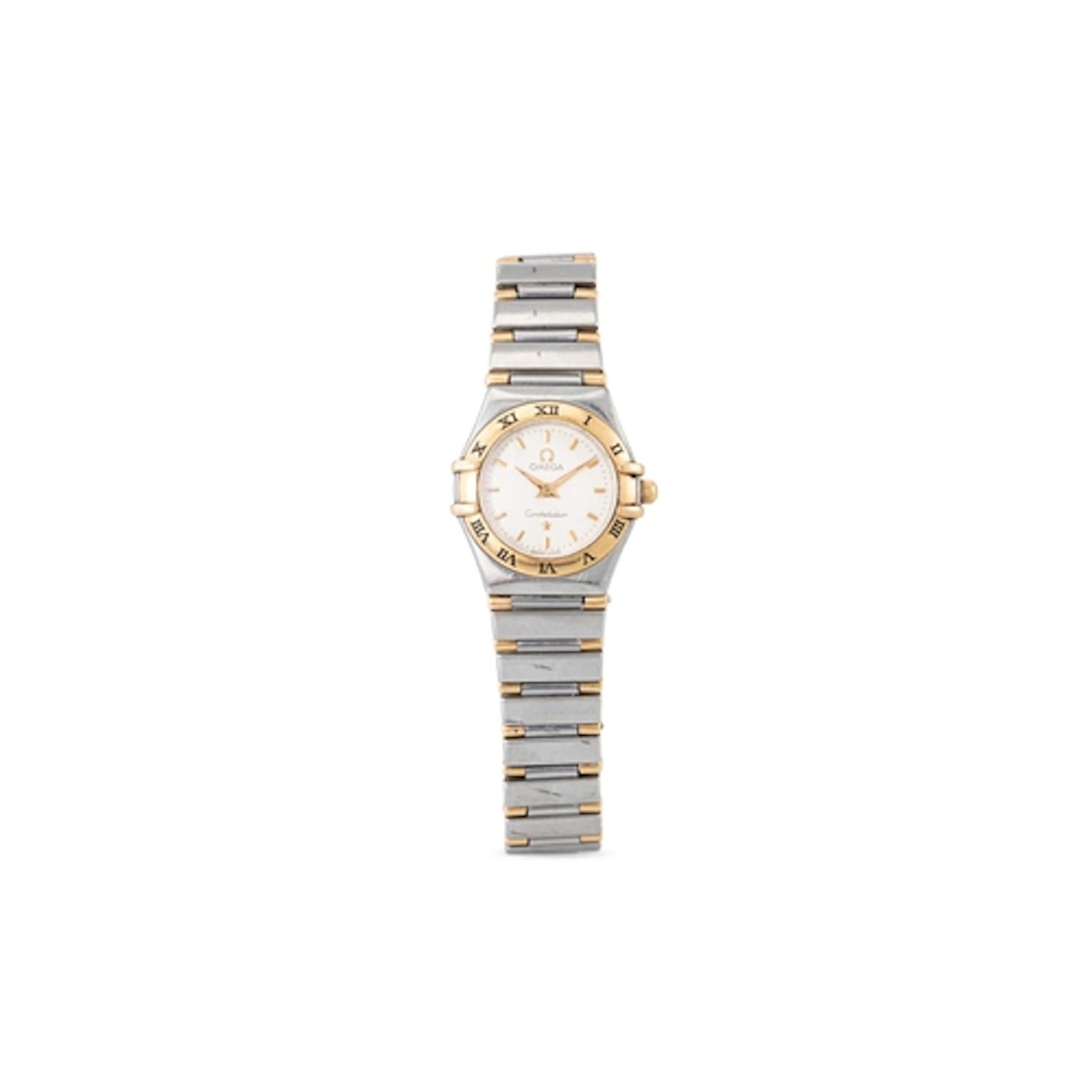 A LADY'S BI-METAL OMEGA CONSTELLATION WRIST WATCH, cream dia...
