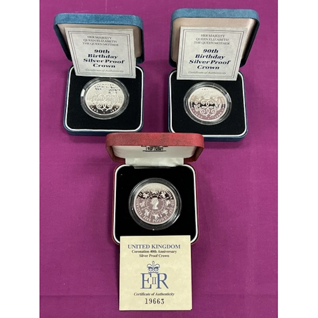 Three Royal Mint Silver Proof Crowns, includes two Queen Mot...