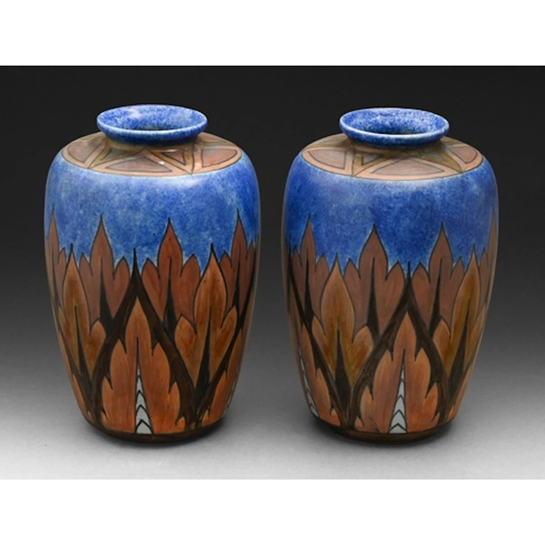 A pair of Clews & Co Chameleon Ware vases, c1930, painte...