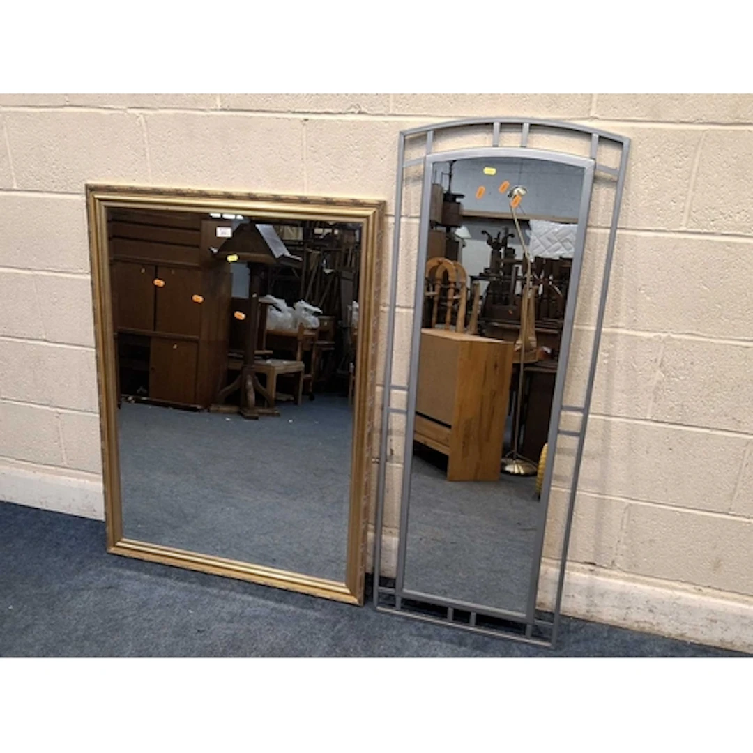 A GILT WOOD RECTANGULAR BEVELLED EDGE WALL MIRROR, along wit...