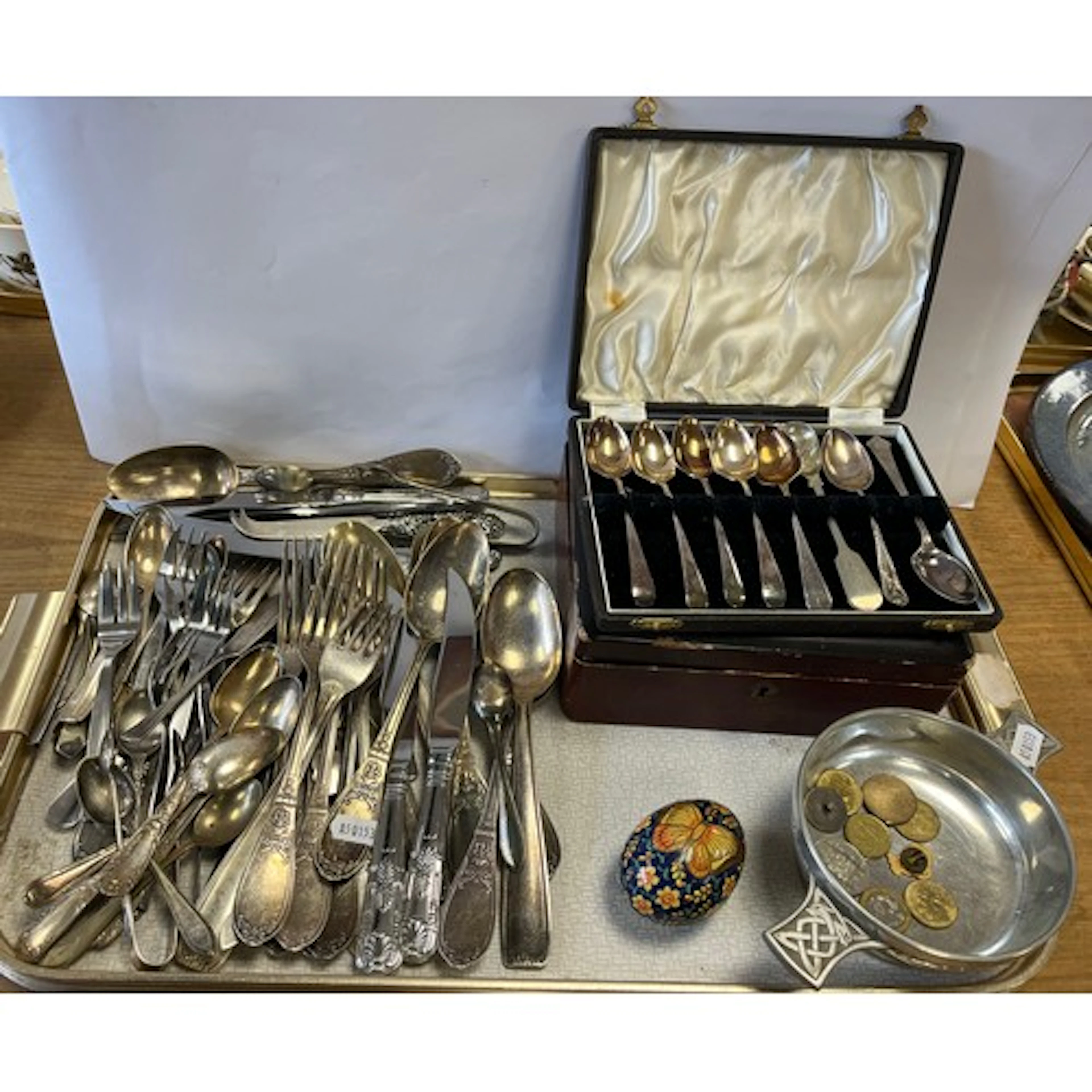 Pewter Quaich, lacquer box and various ep flatware.