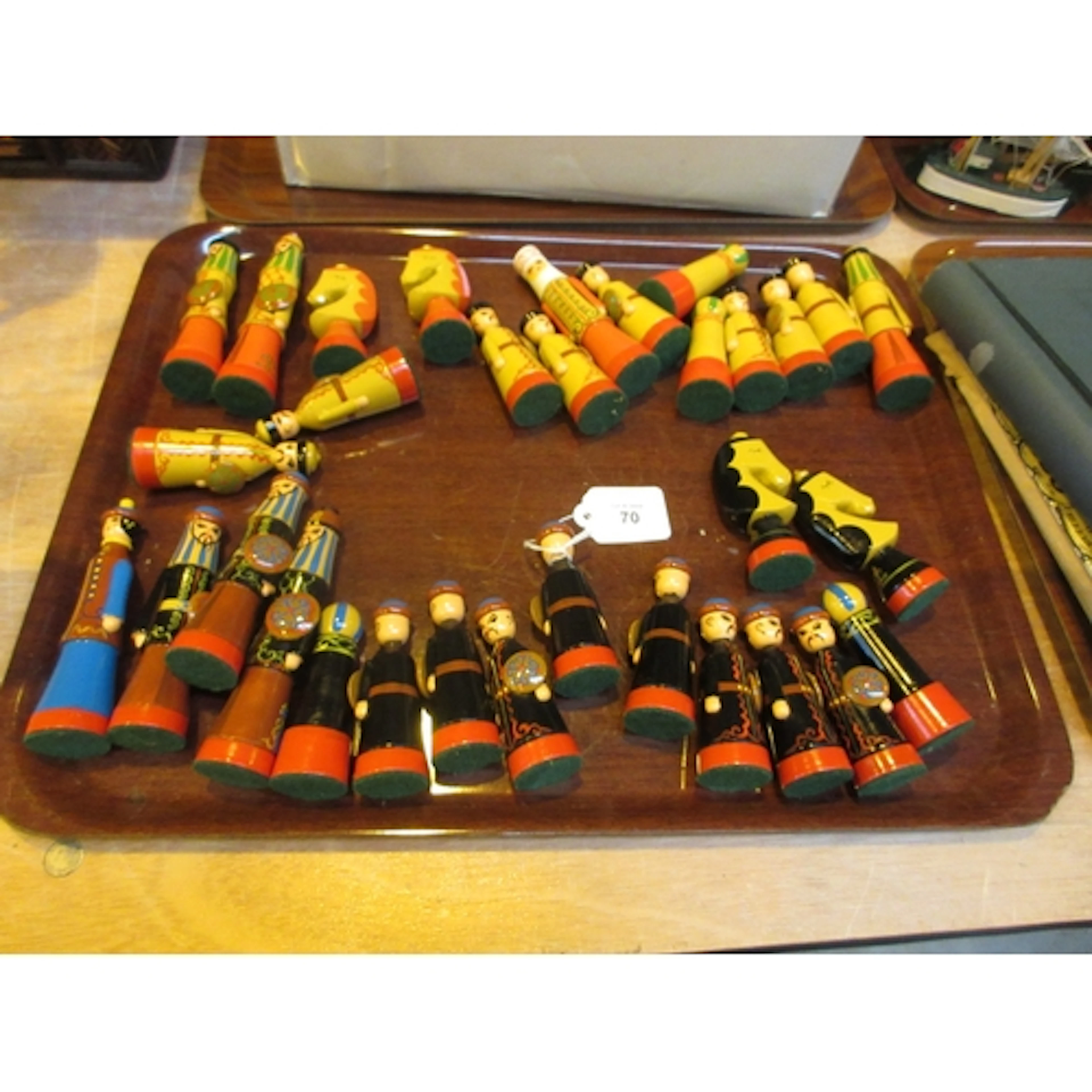 Set of Painted Wood Figural Chess Pieces