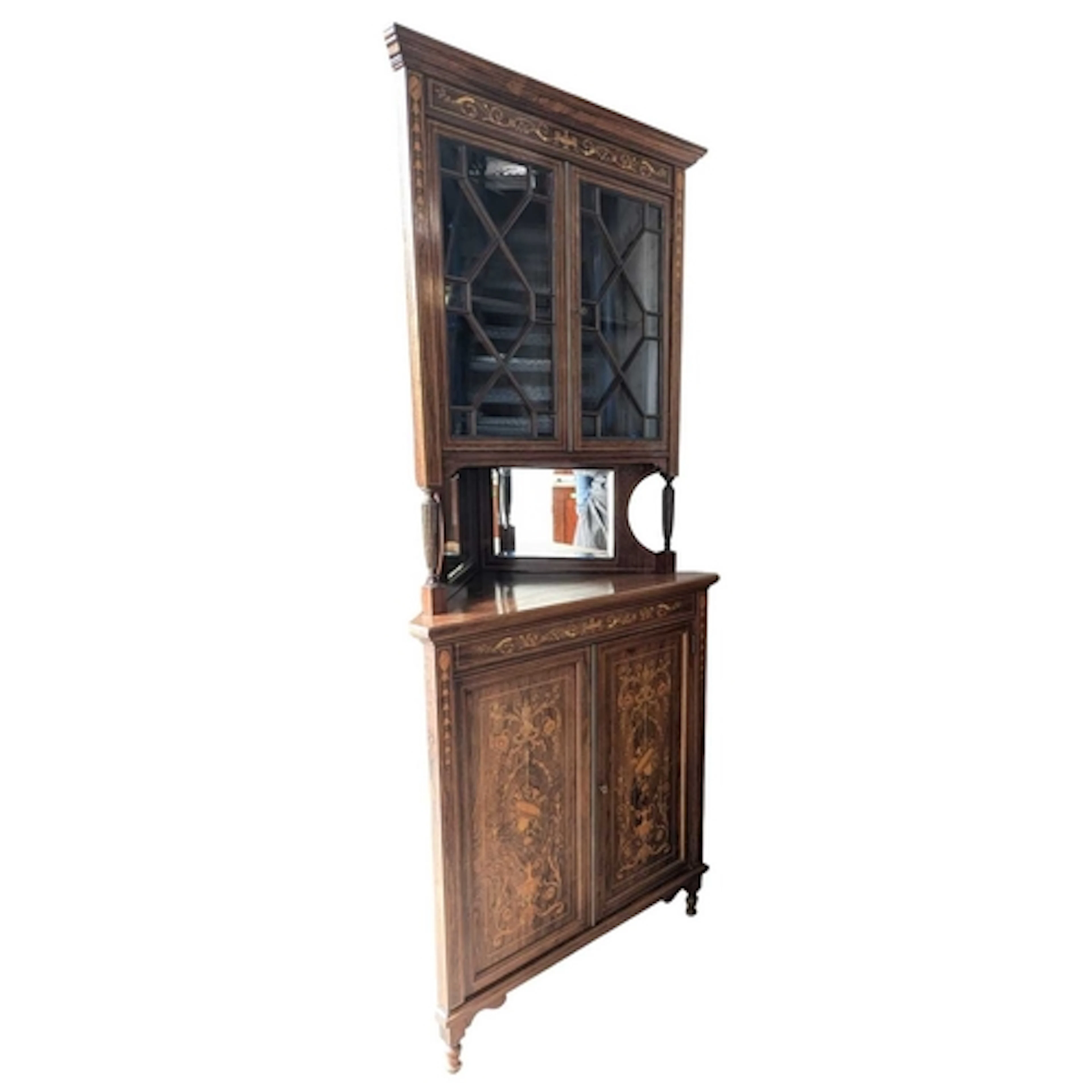 Edwardian Rosewood marquetry inlaid corner cabinet. Having a...