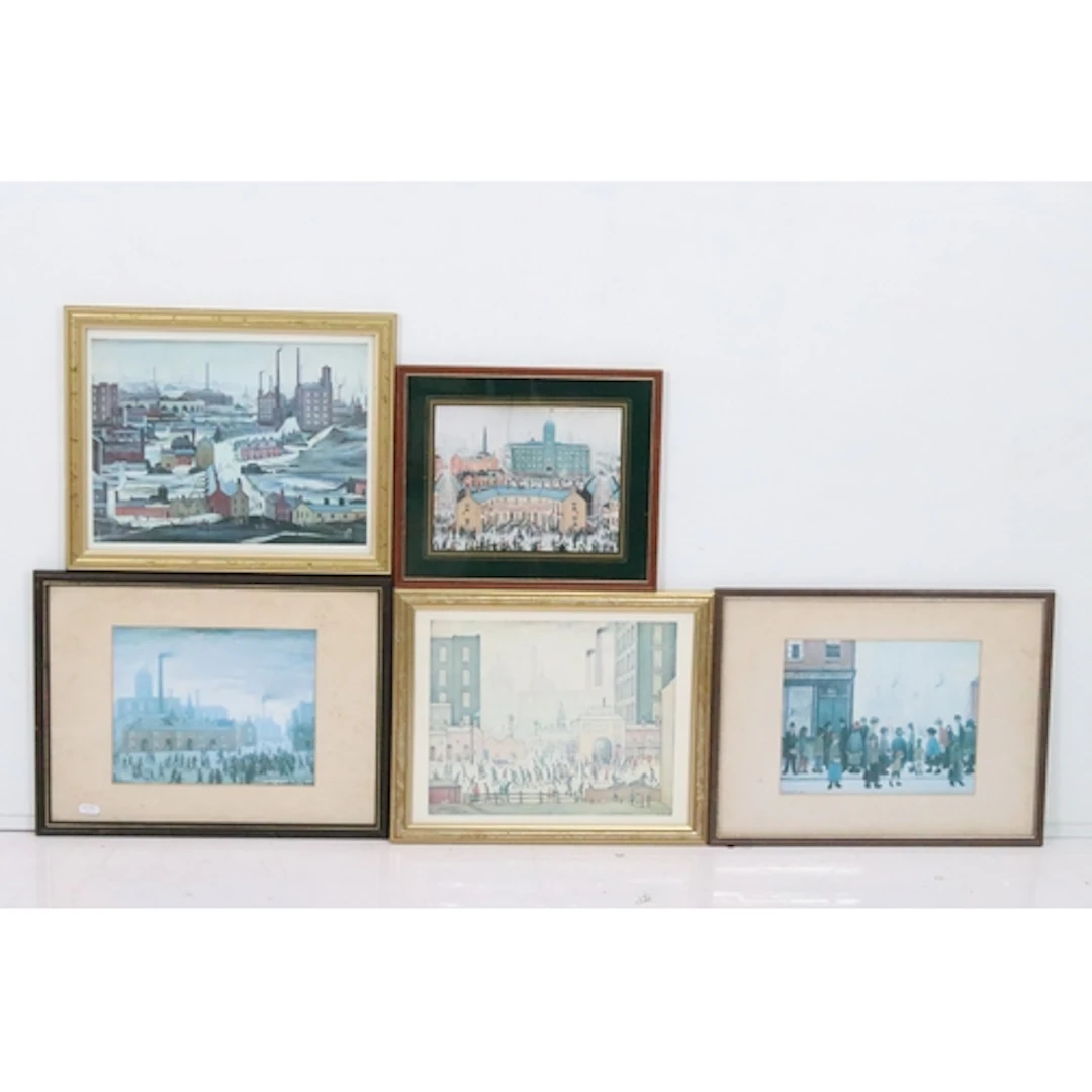 Five L. S. Lowry prints including VE Day celebrations, Waiti...