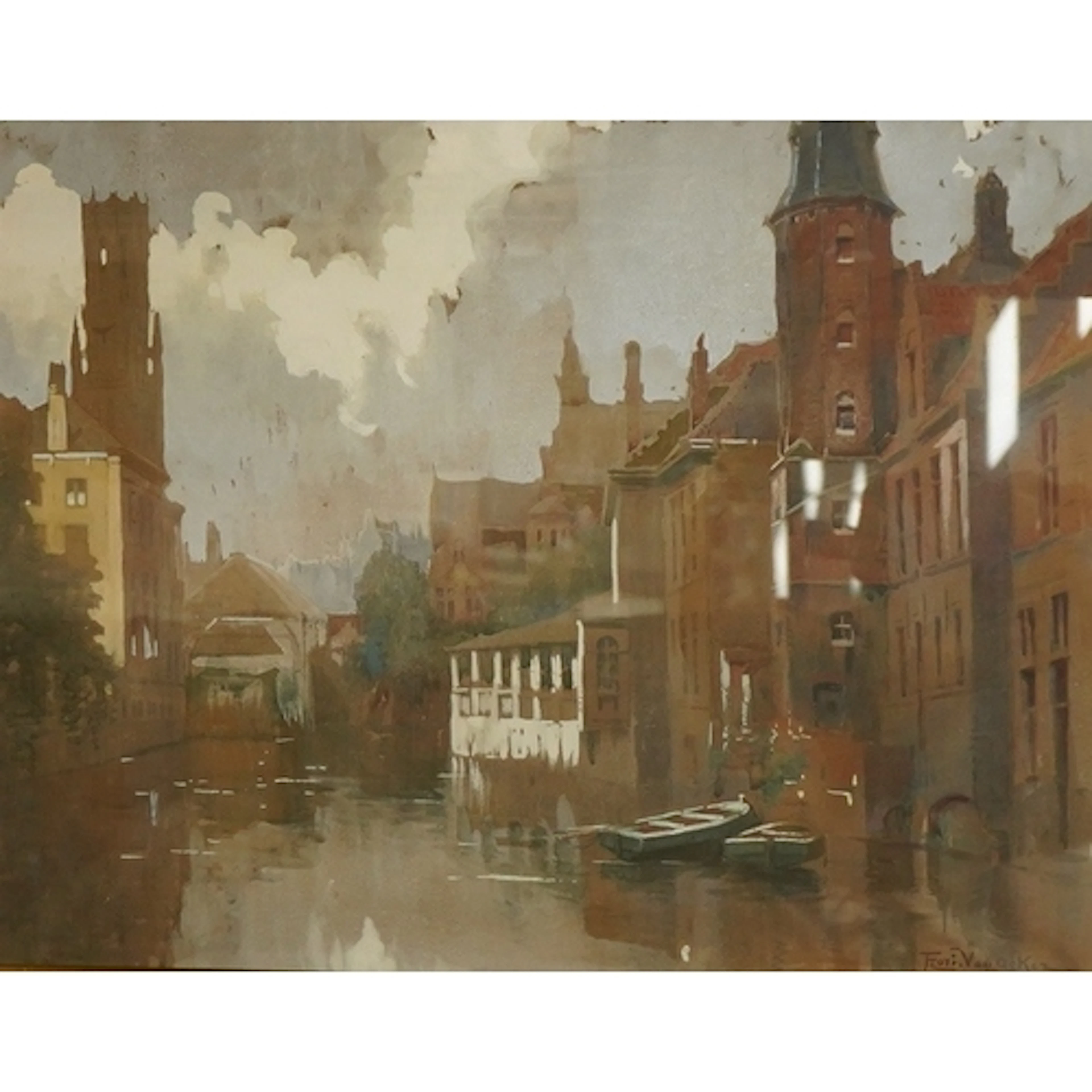 Flori van Acker (Belgian, 1858-1940), canal view, signed, wa...