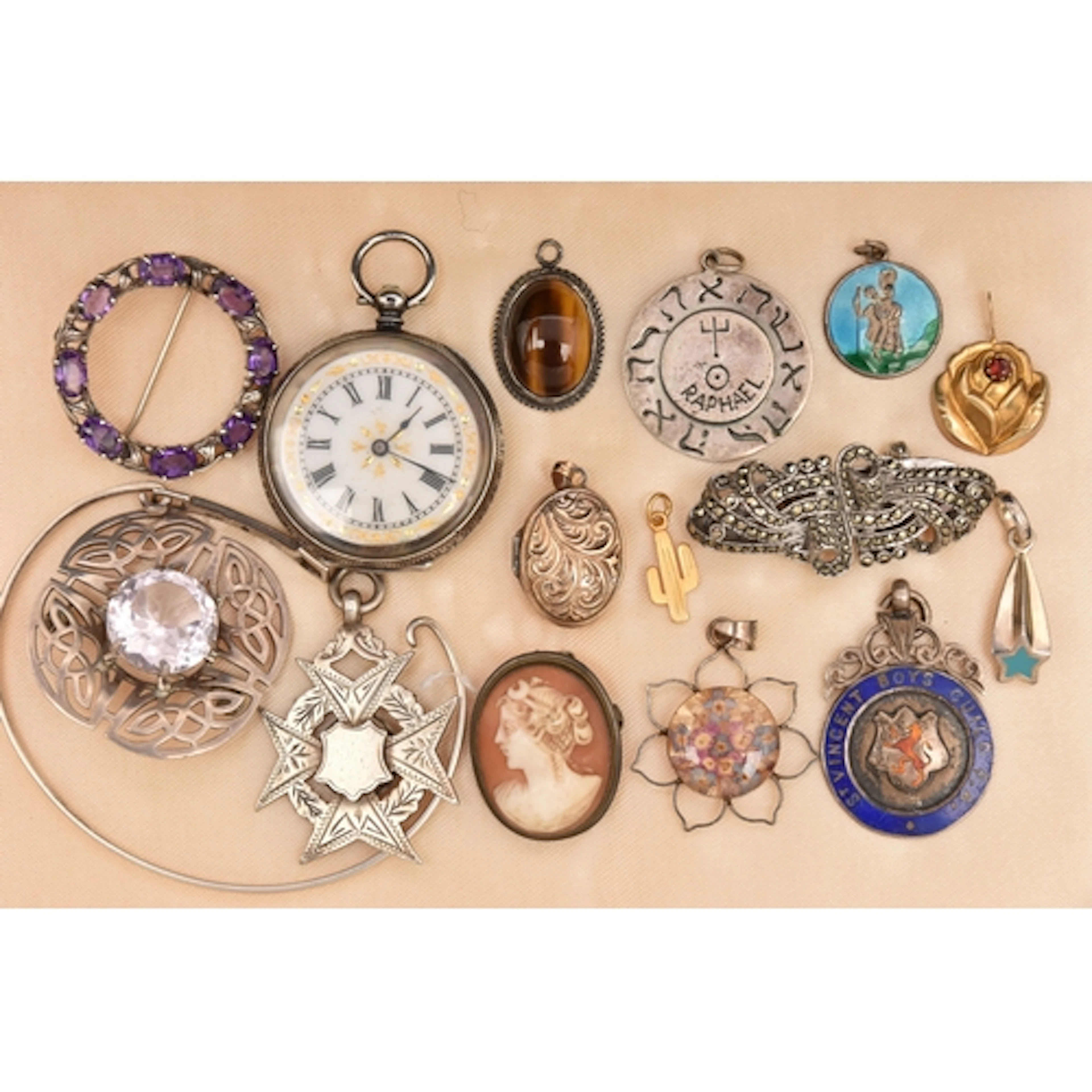 A BOX OF ASSORTED JEWELLERY AND AN OPEN FACE POCKET WATCH, t...