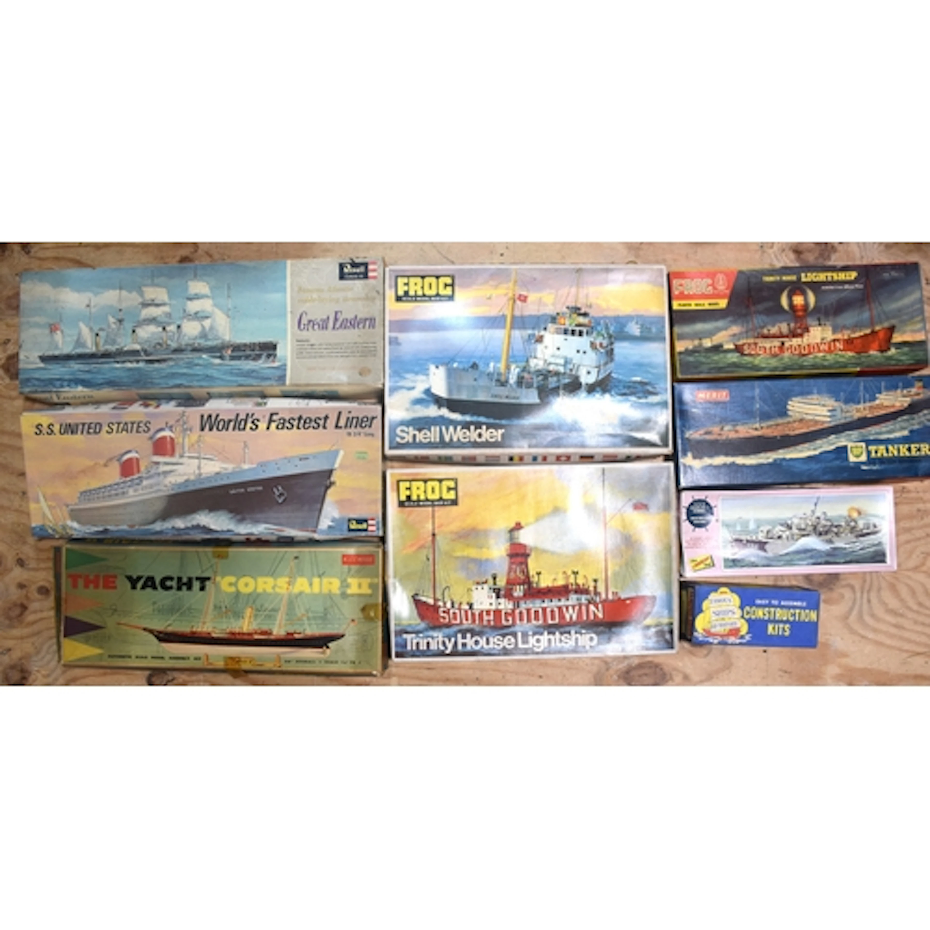 Seven plastic scale model kits of ships: Revell "SS United...