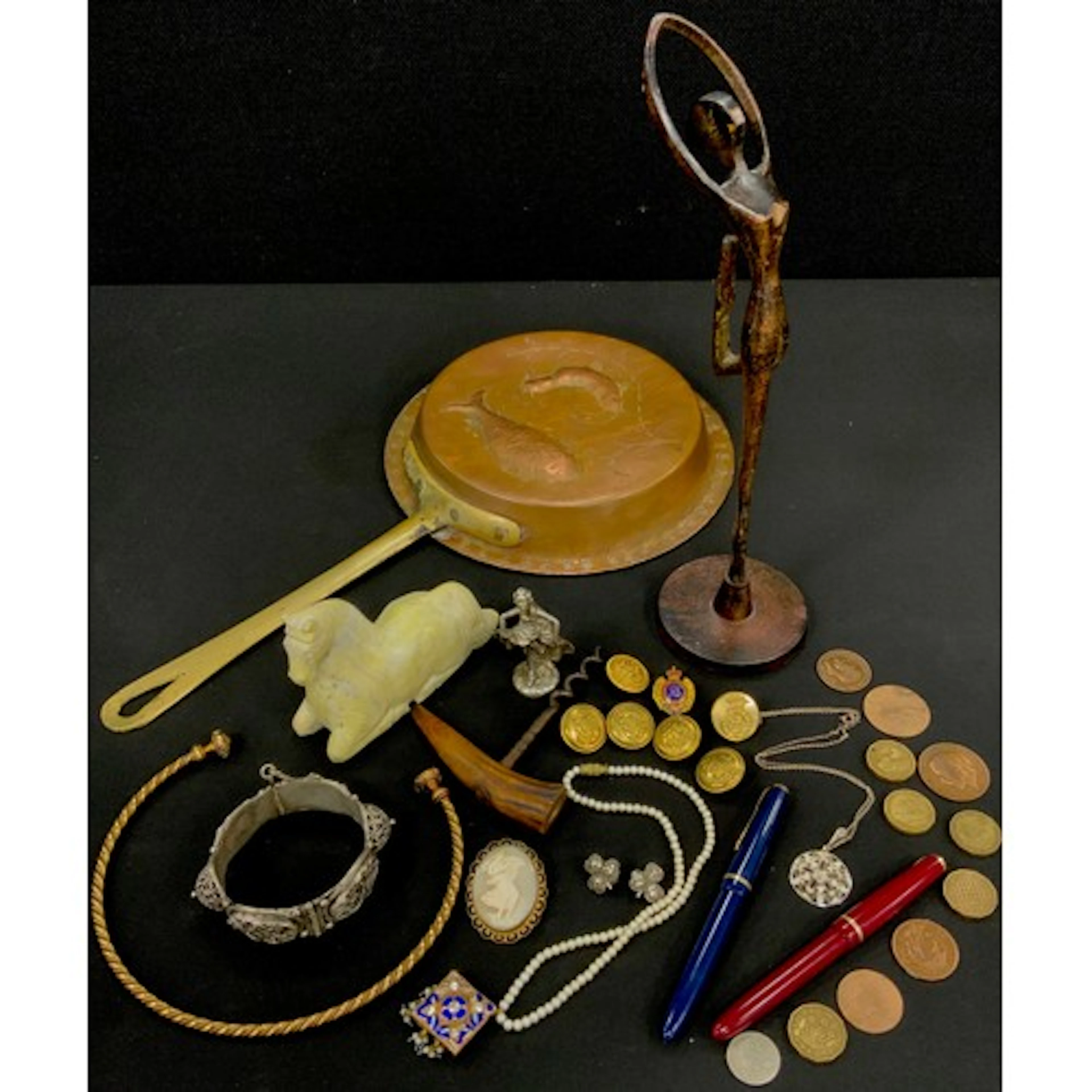 A gold plated torc necklace, cameo brooch, Naval and militar...