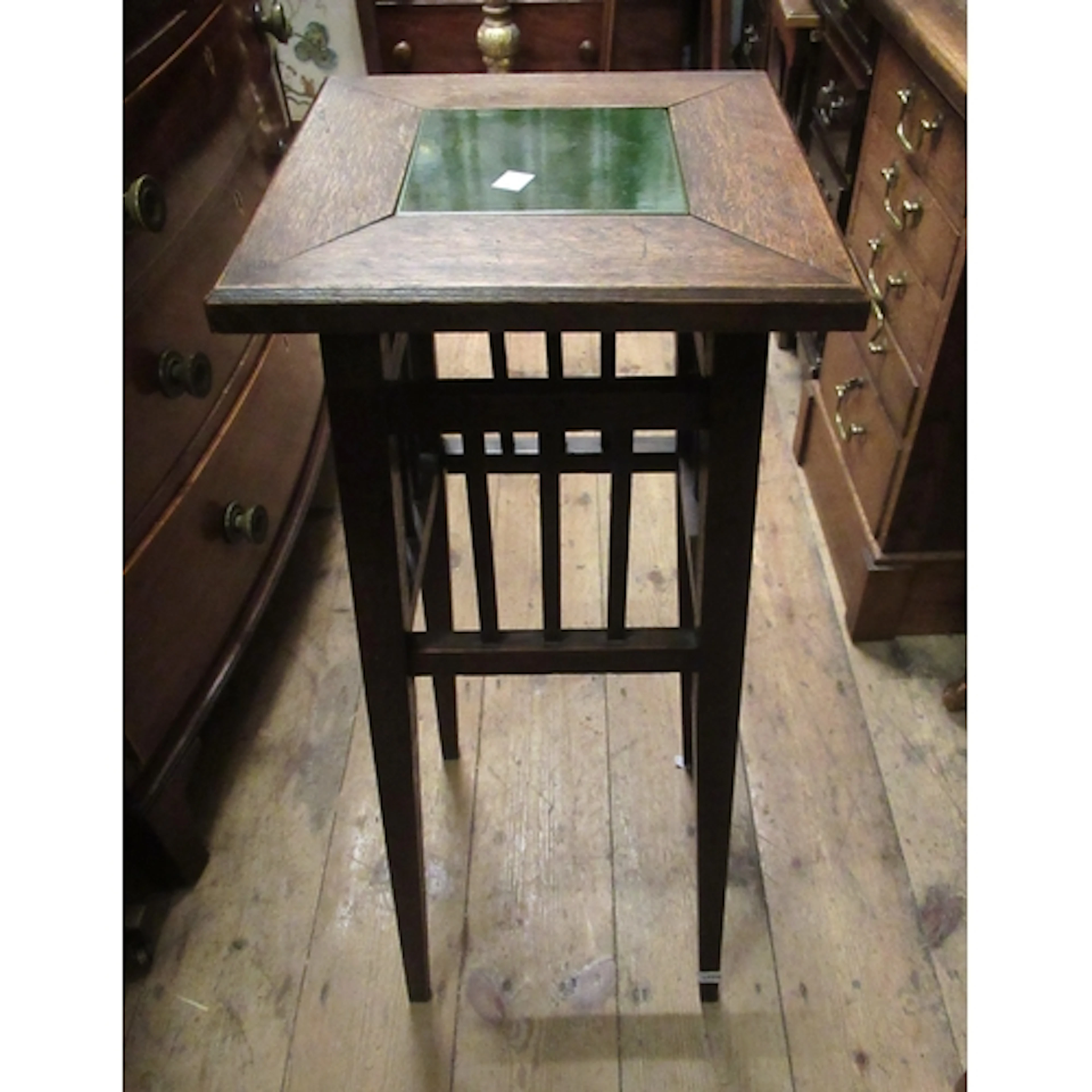 Arts & Crafts oak jardiniere stand with tile inset top, toge...