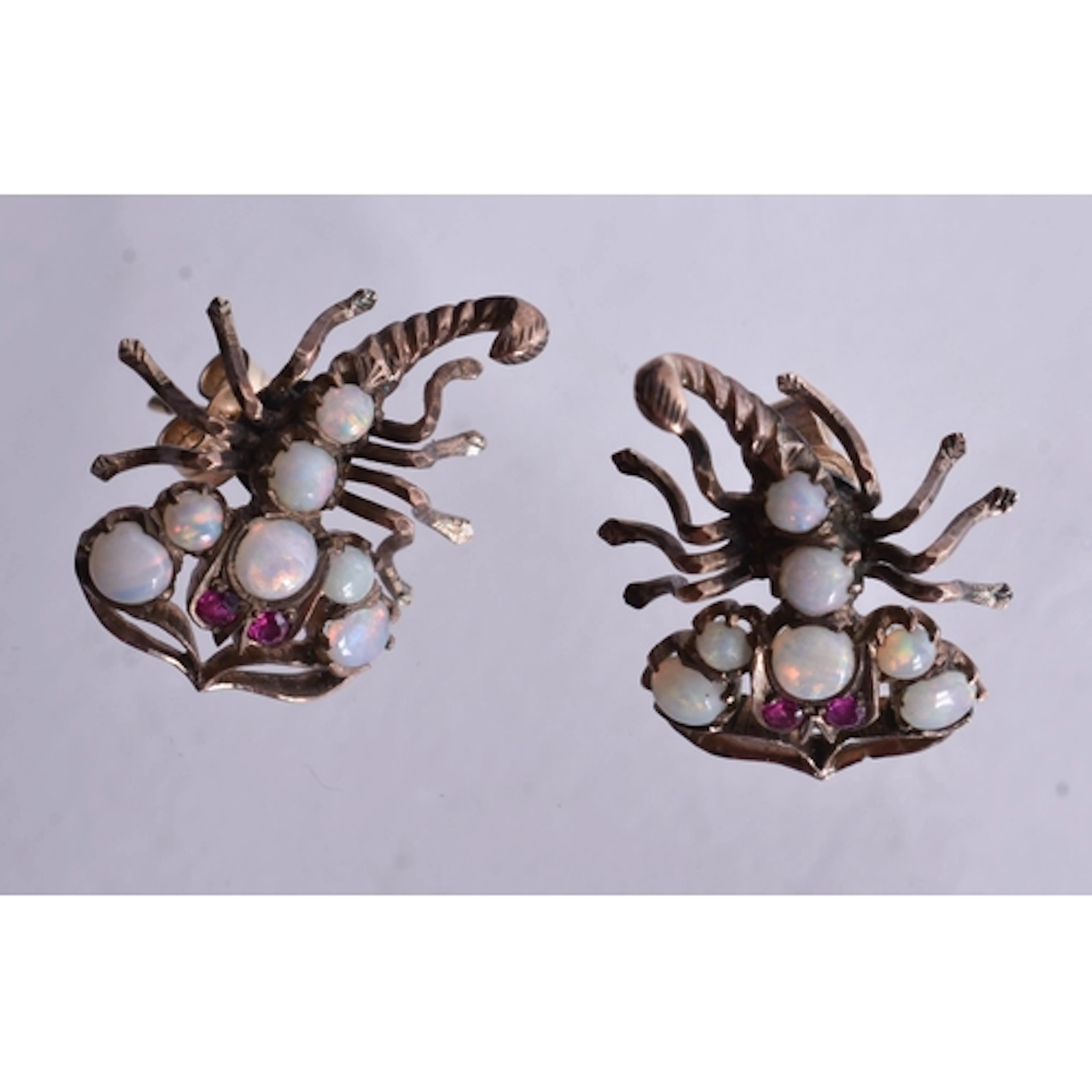 9ct gold opal and ruby scorpion stud earrings (4.4g). 2.5 cm...