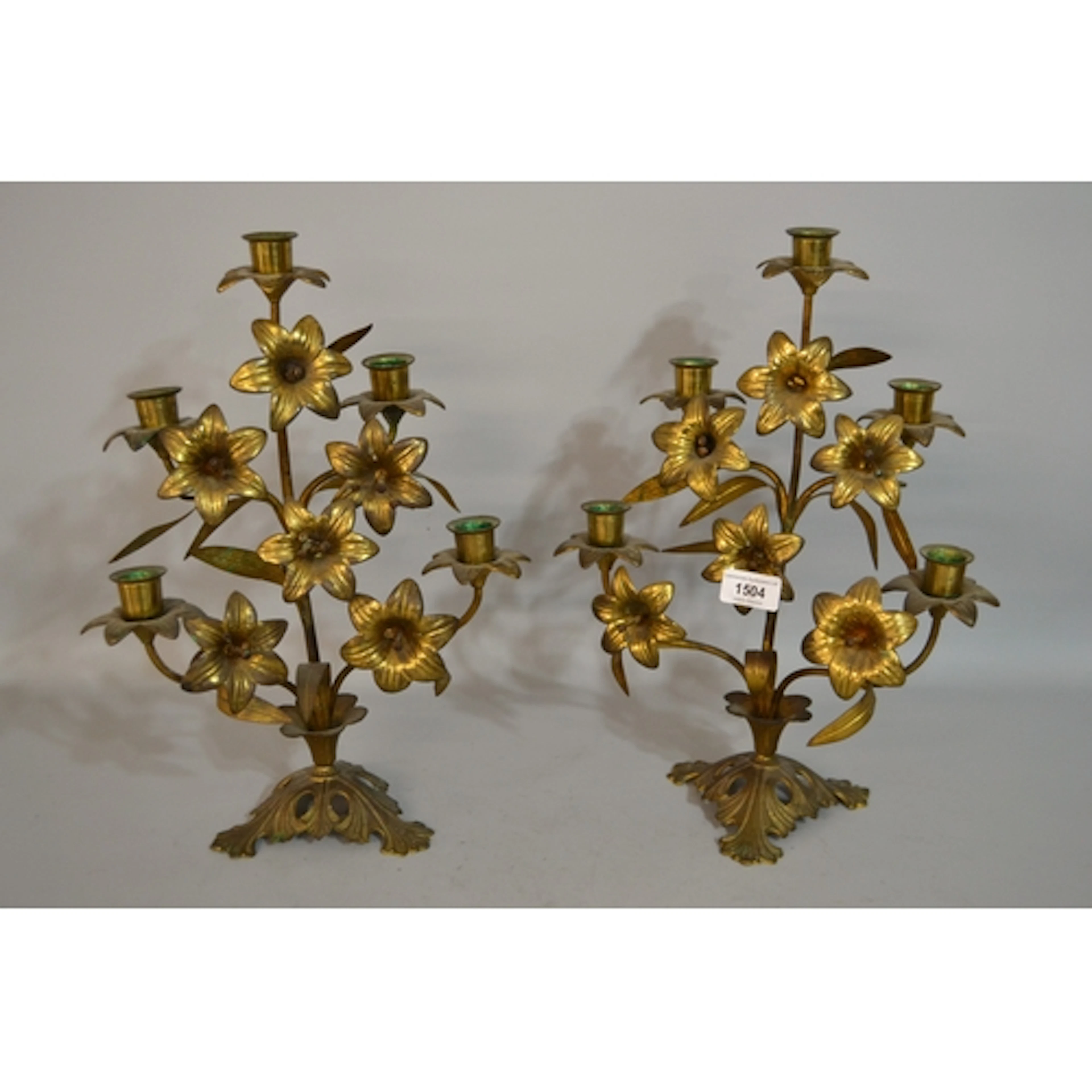 Pair of 19th / 20th Century gilt brass five light candelabra...