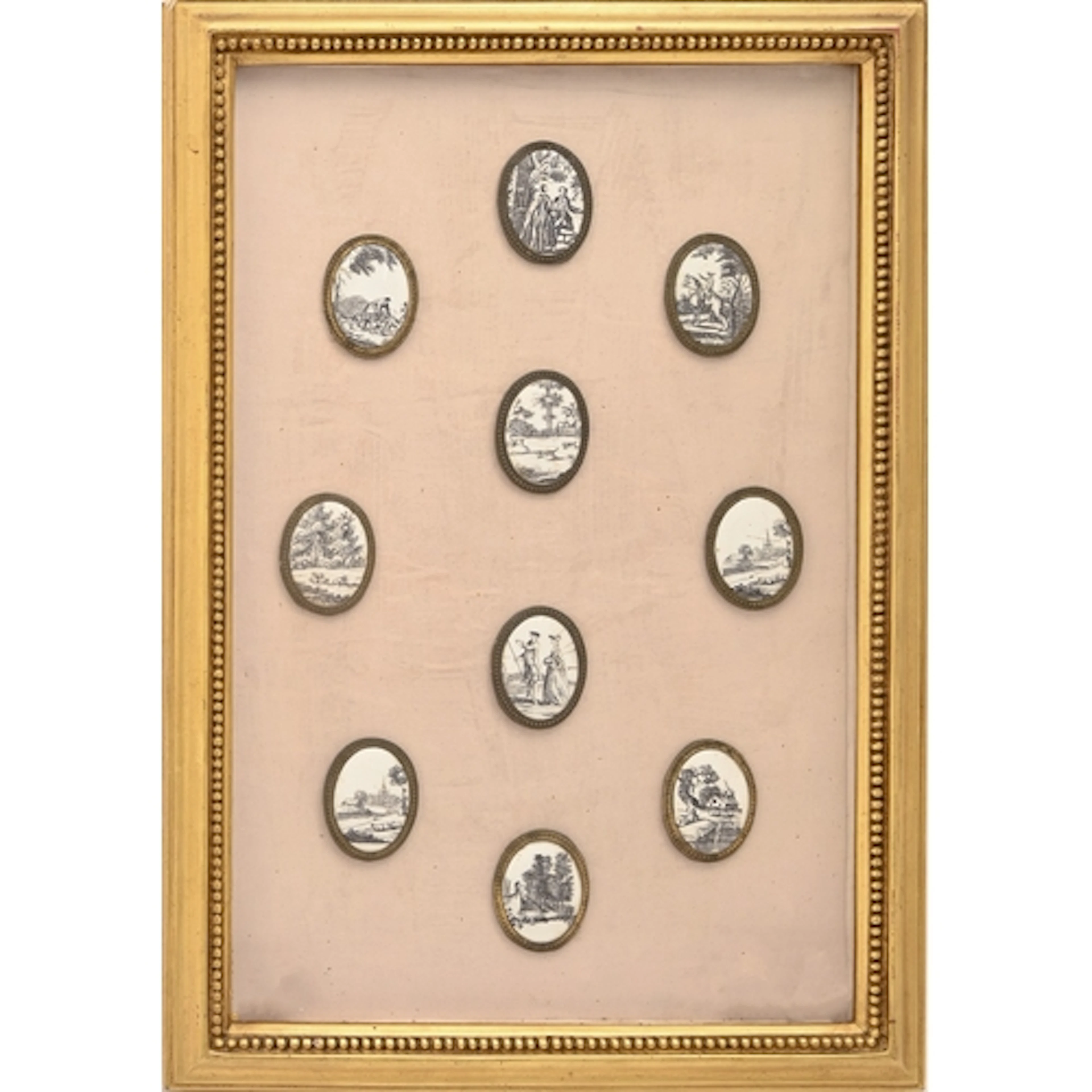 A set of ten George III South Staffordshire enamel oval plaq...