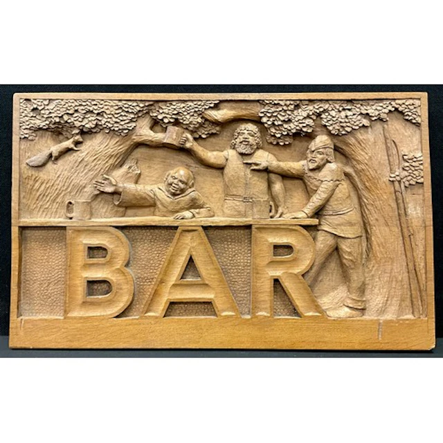 An oak wall plaque ‘BAR’, hand carved with Robin Hood and hi...