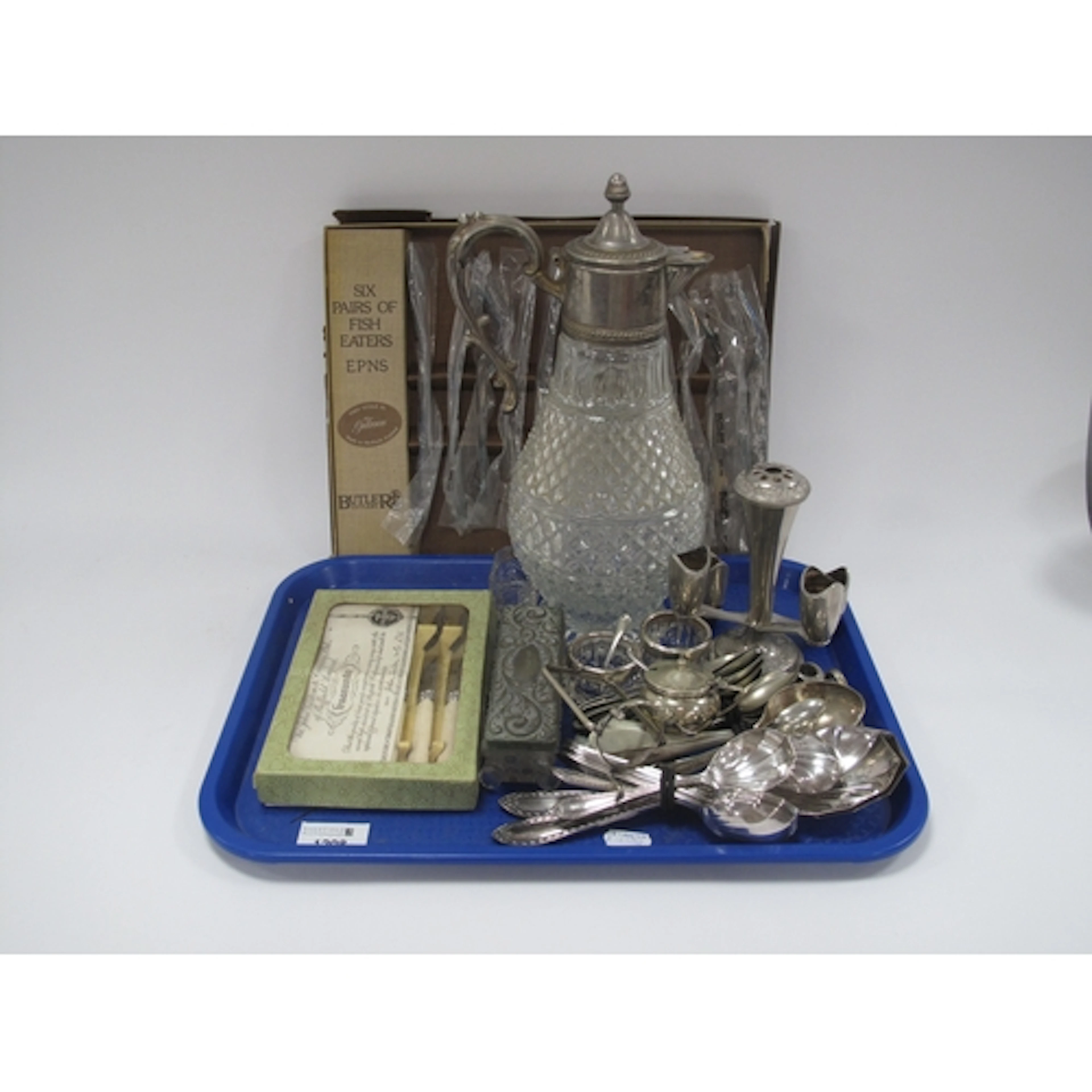 Claret Jug, silver rimmed salts, plated ware, cutlery:- One ...
