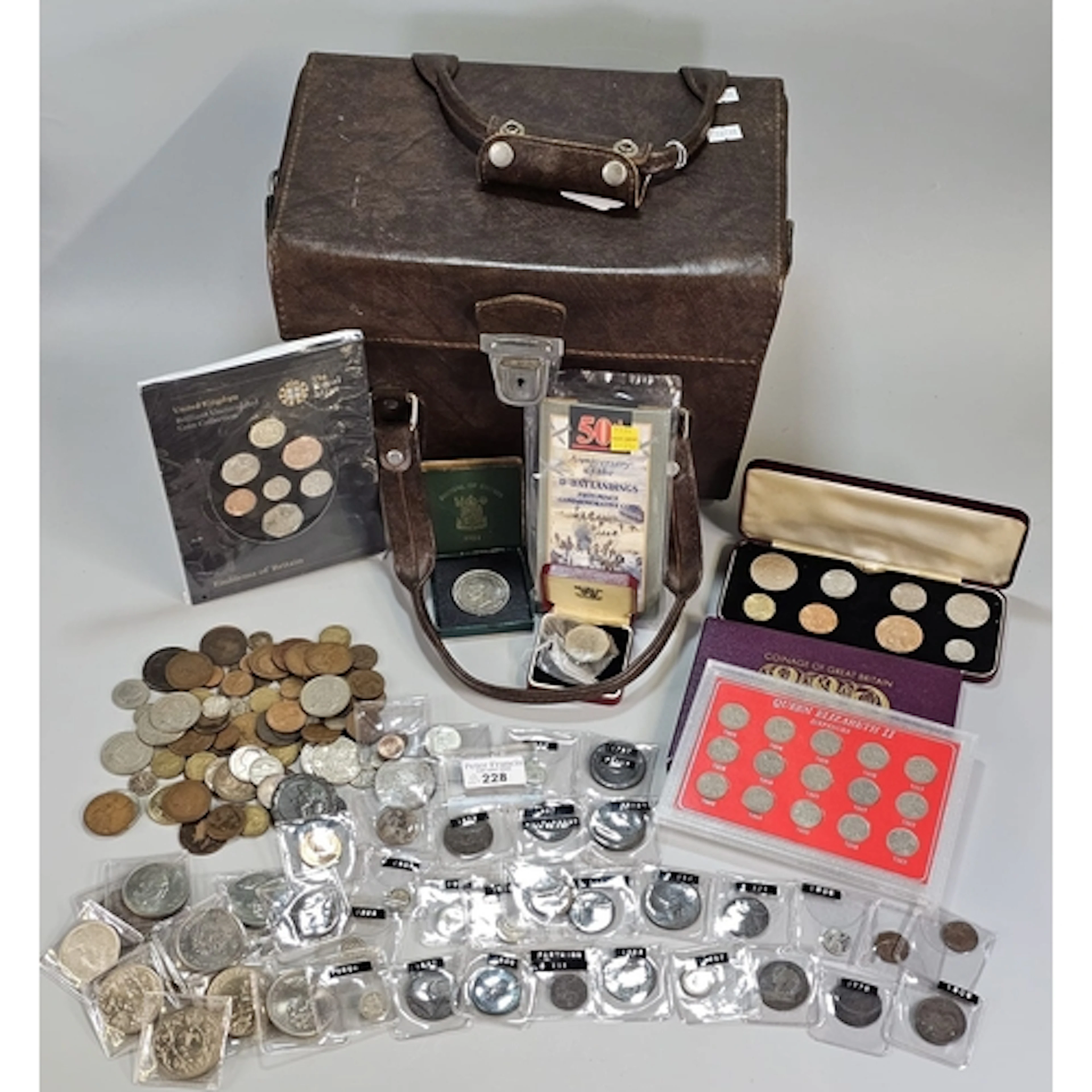 Leather camera bag comprising assorted GB coinage to include...