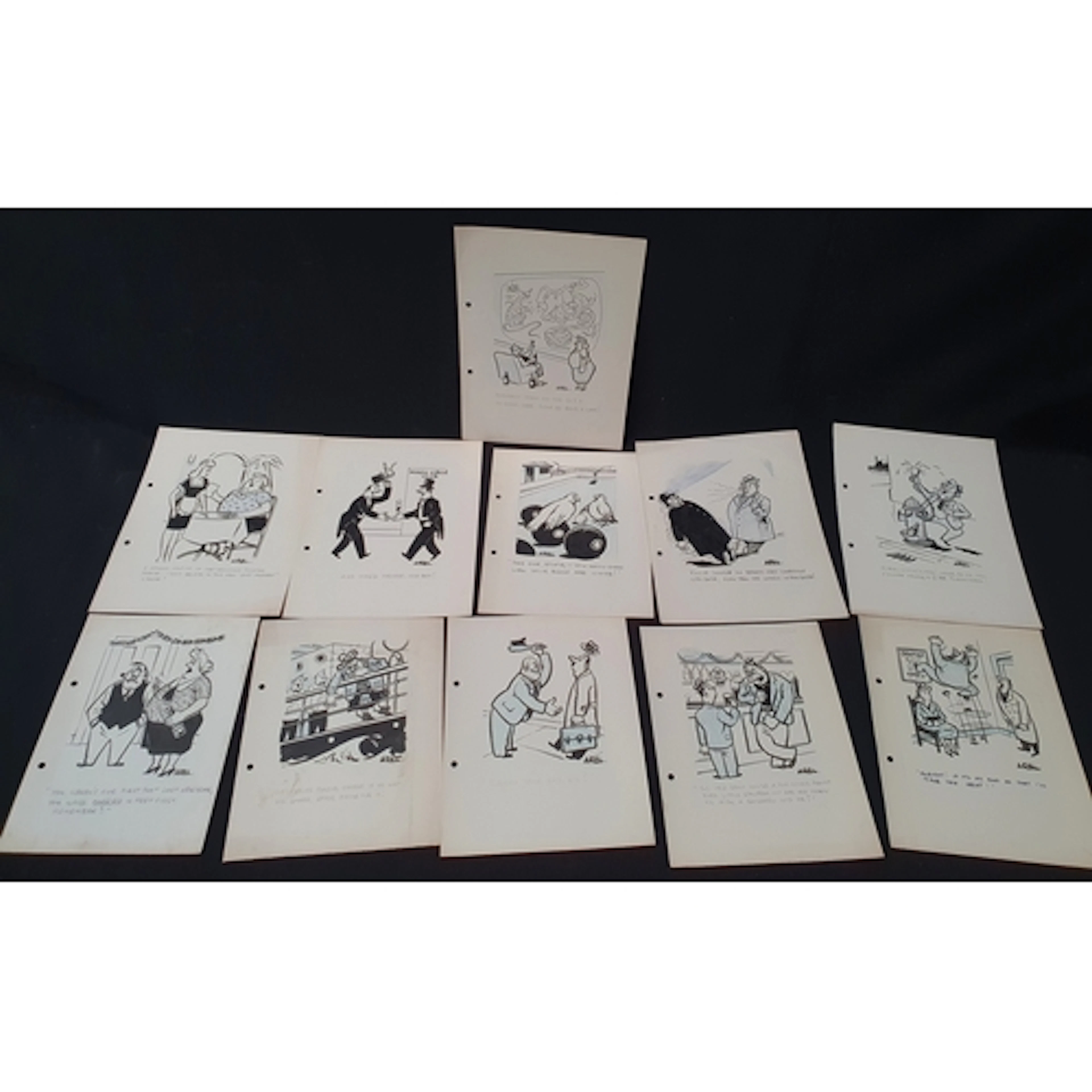 ELEVEN PEN AND INK ORIGINAL SINGLE-PANEL CARTOONS circa 1940...