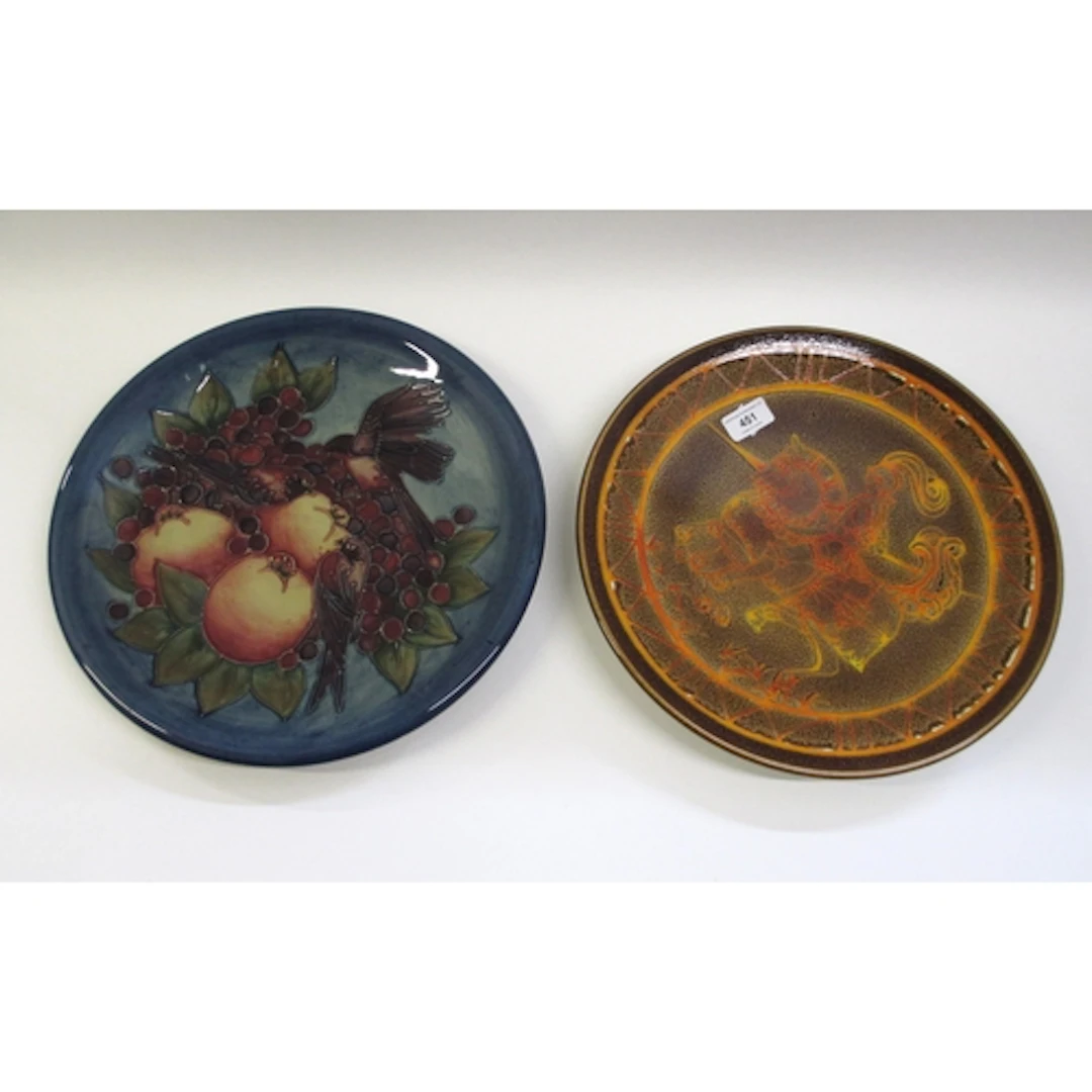 Moorcroft wall charger, decorated with birds and fruit, 36cm...