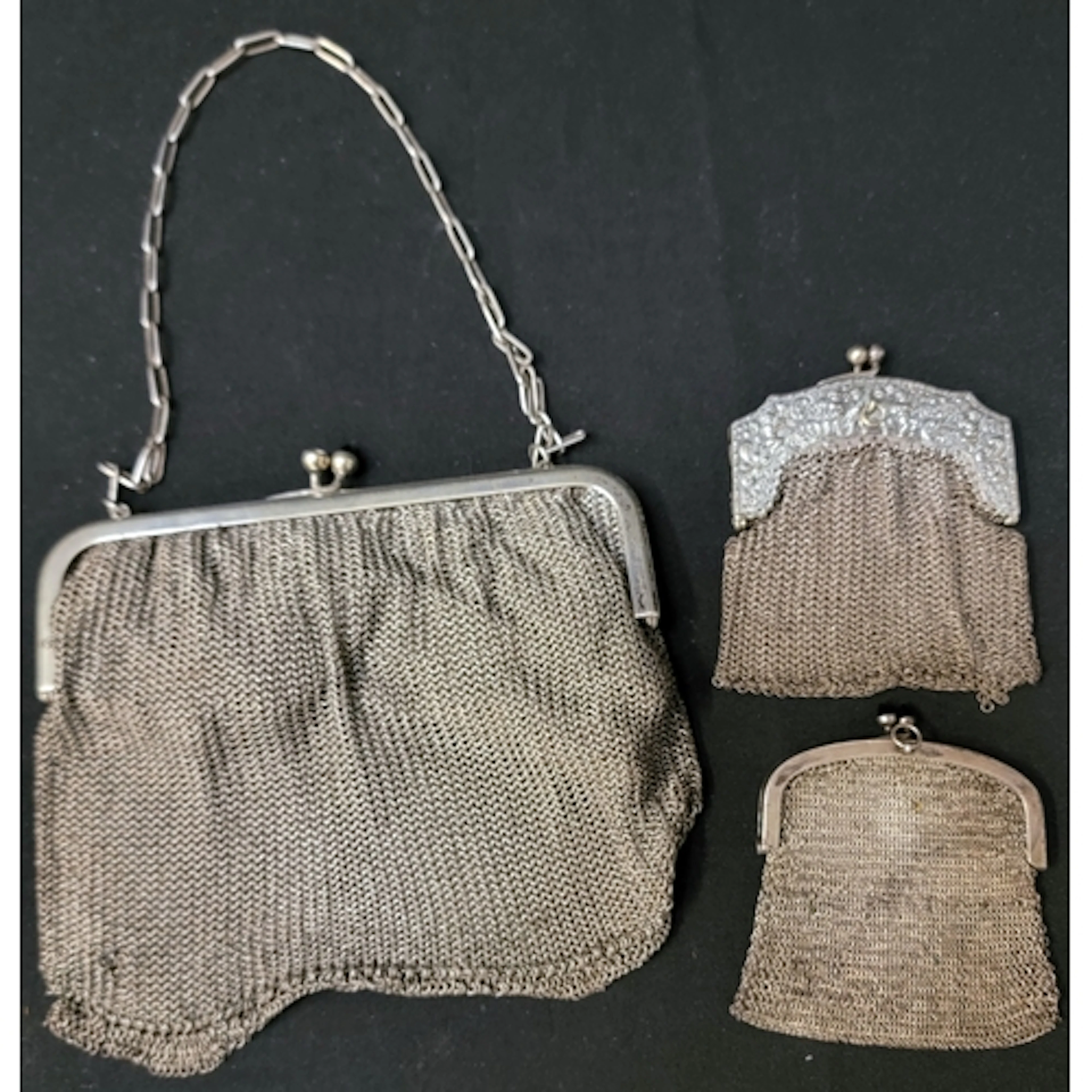TRIO OF MESH PURSES the smallest with silver cantle/frame a...