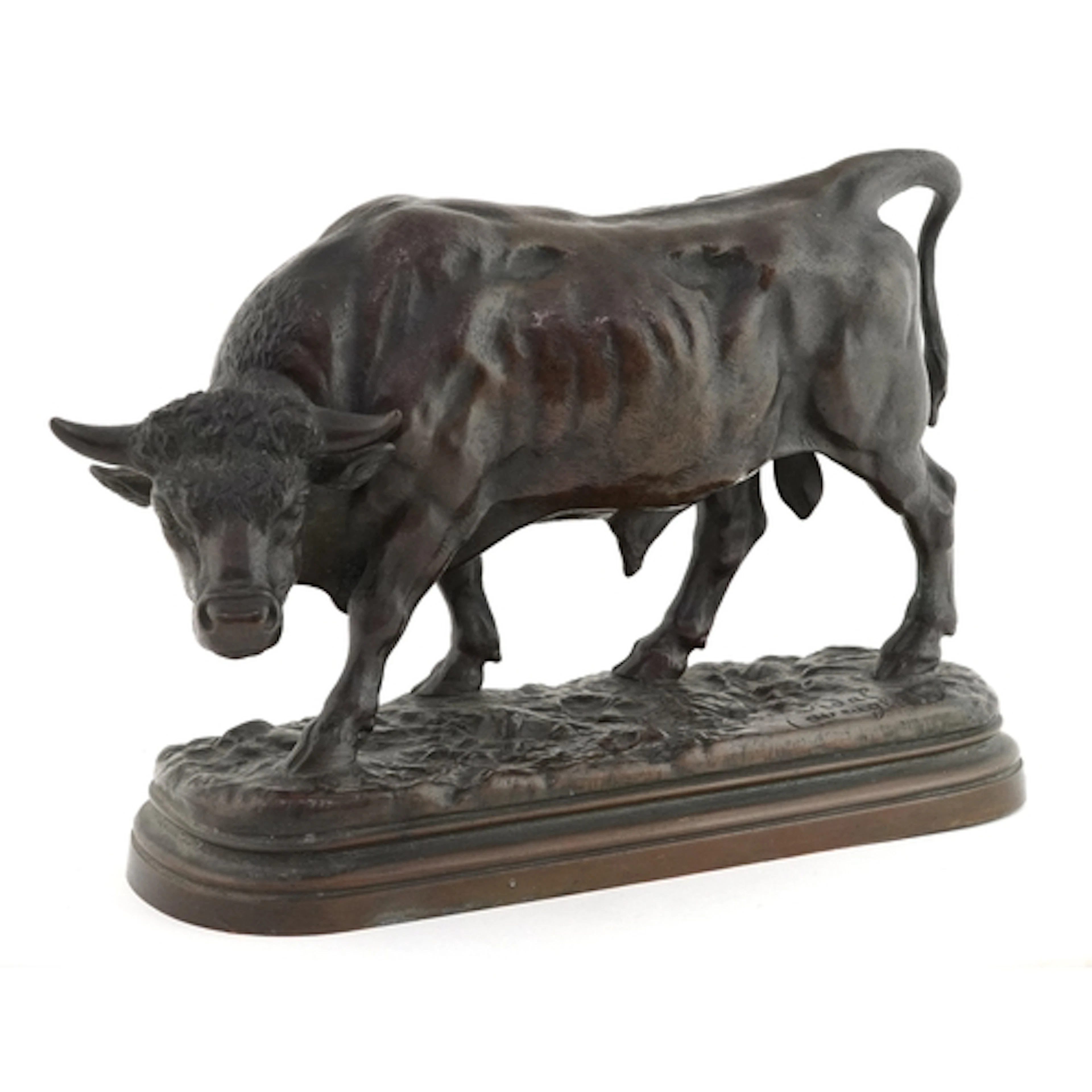 After Louis Vidal, patinated bronze study of a bull, 25cm in...