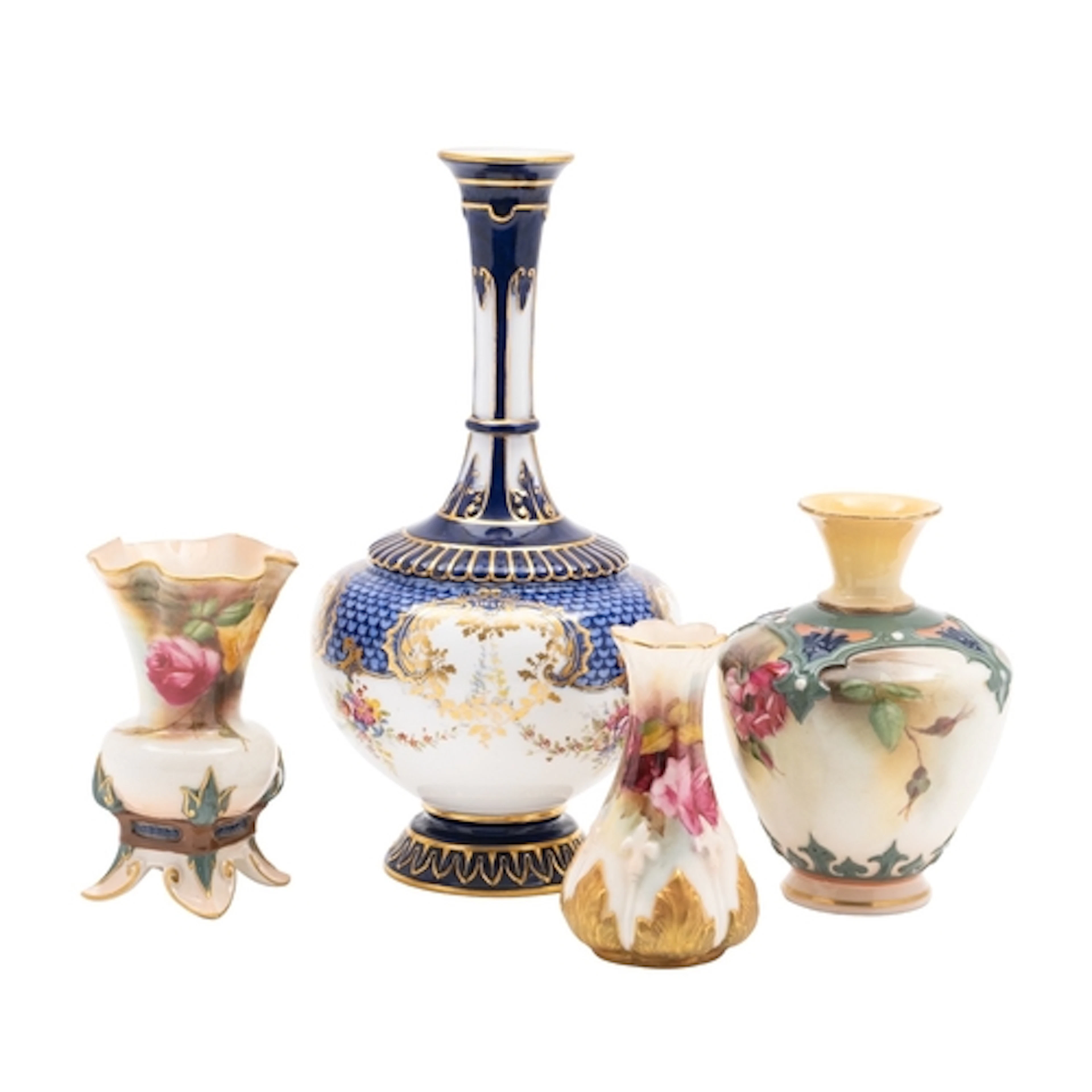 Four Royal Worcester porcelain vases two decorated with pink...