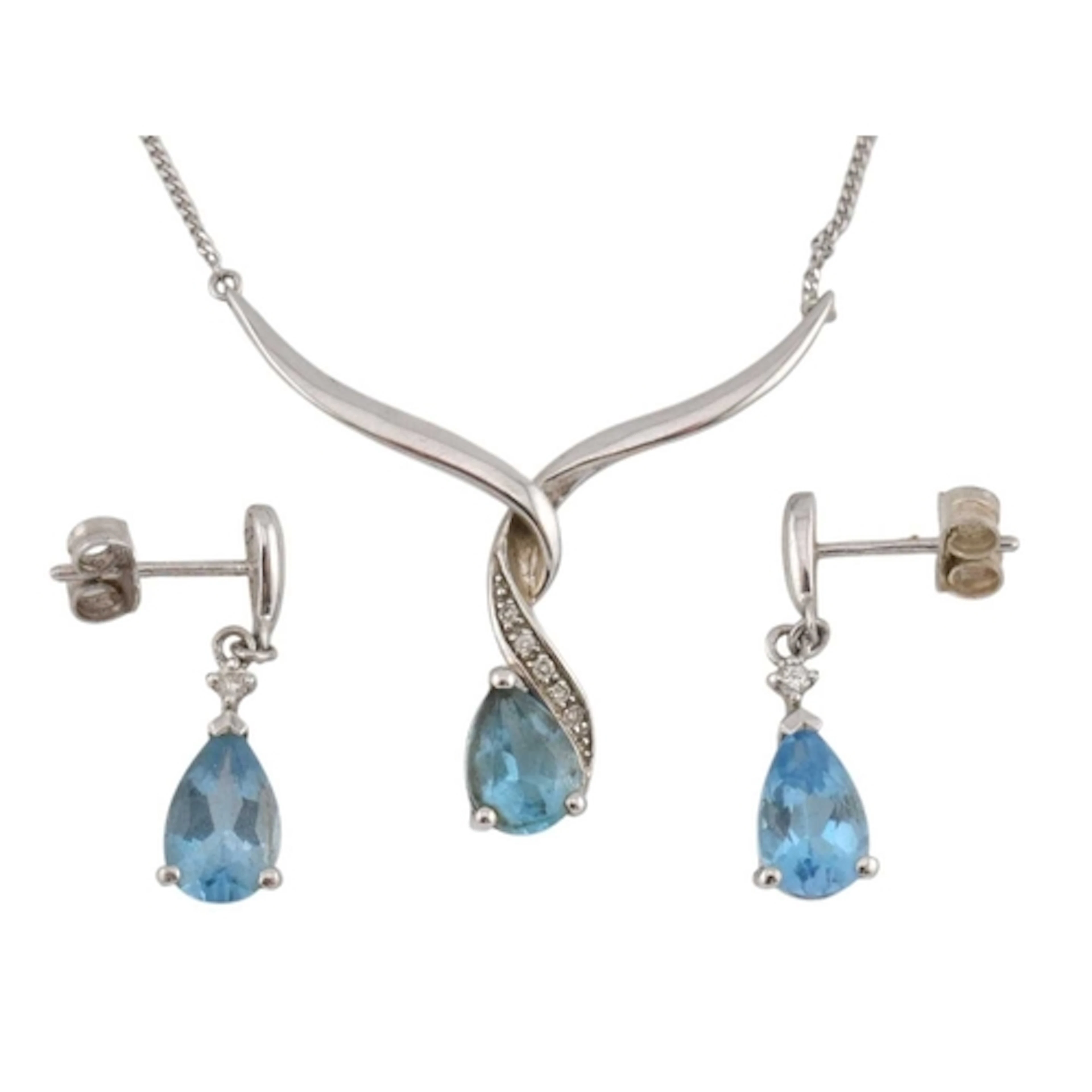 An 9ct white gold and blue topaz and diamond necklace and ea...