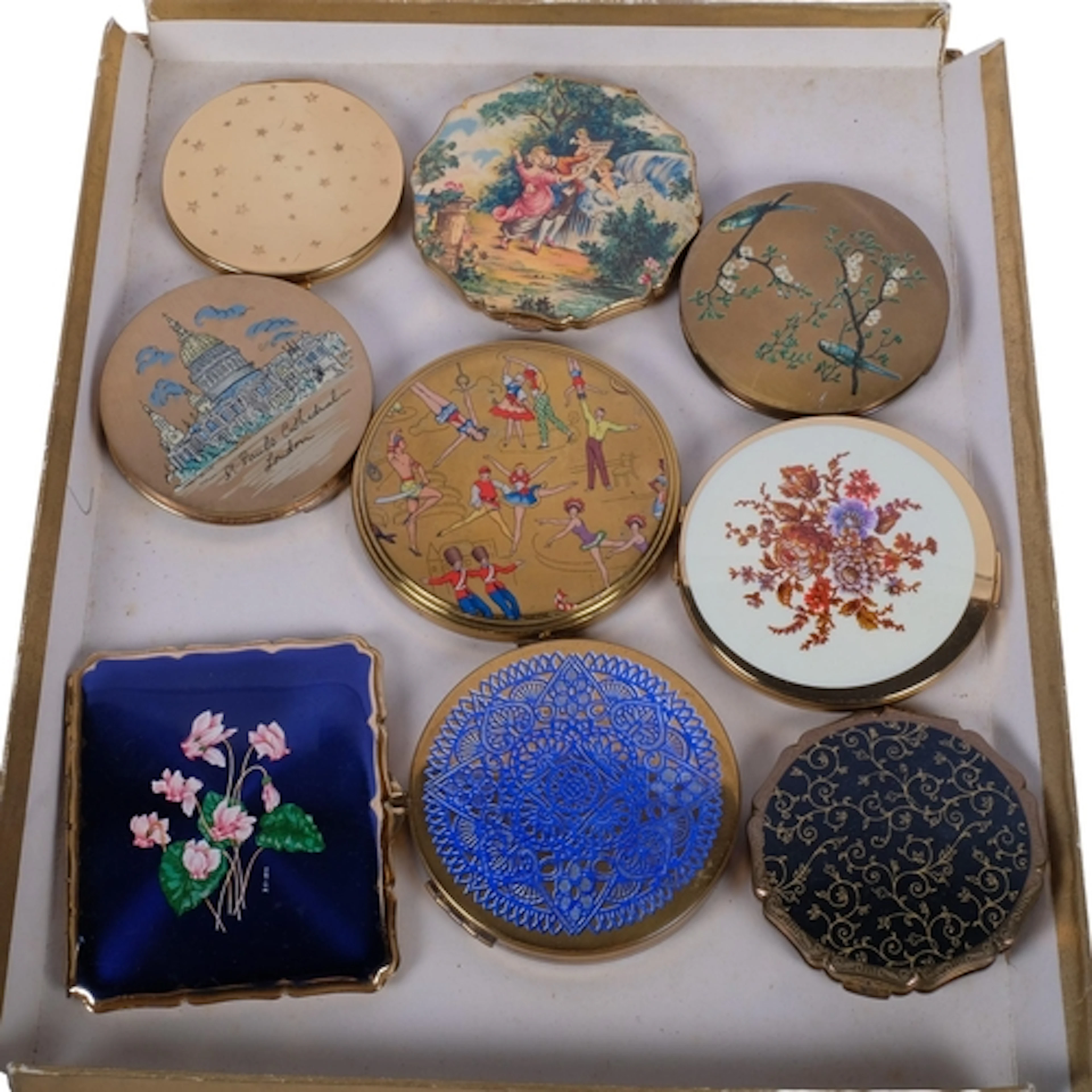 9 various Vintage compacts, enamel and painted decorated, ma...