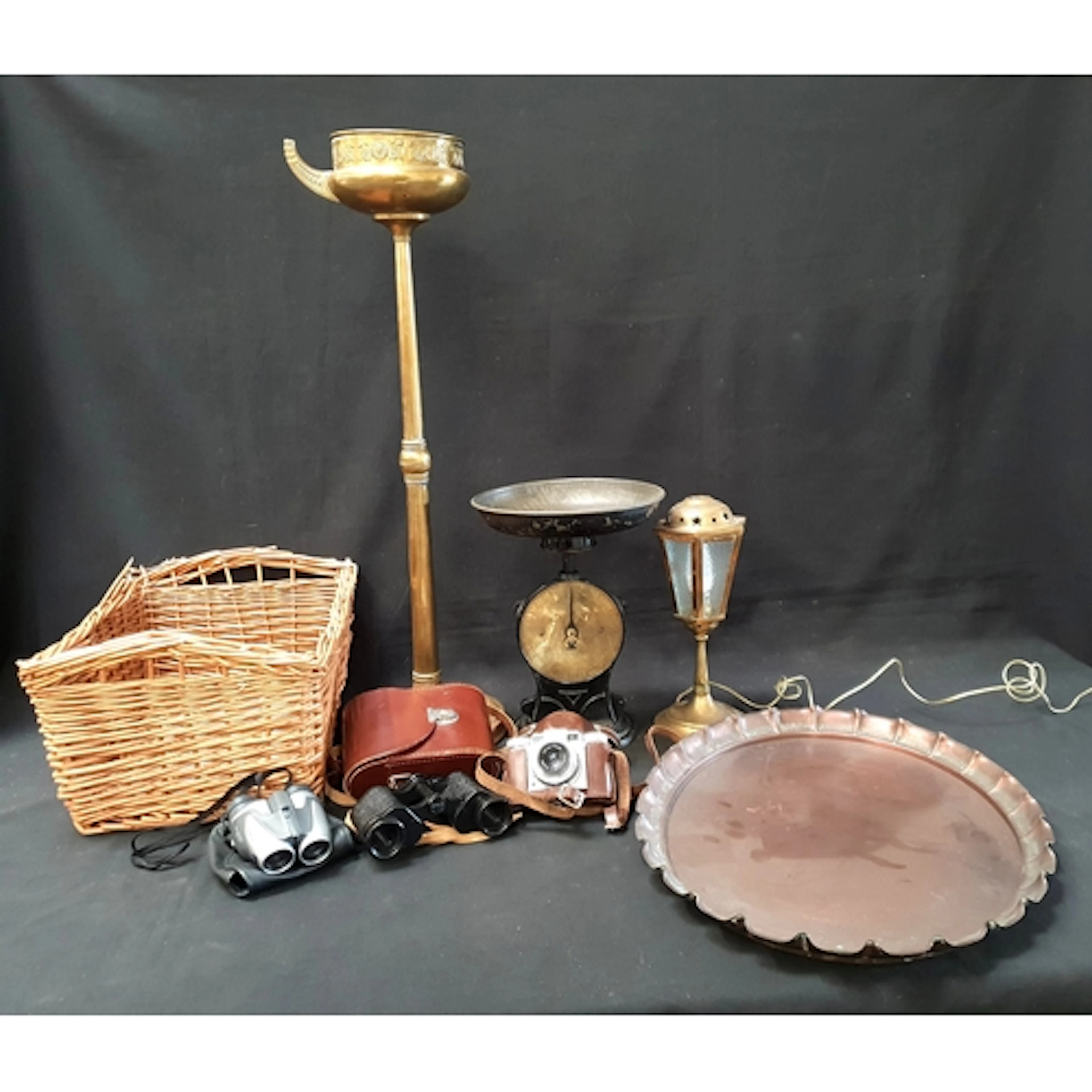 BRASS ASHTRAY, OTHER METALWARE, AND A VINTAGE CAMERA the fre...