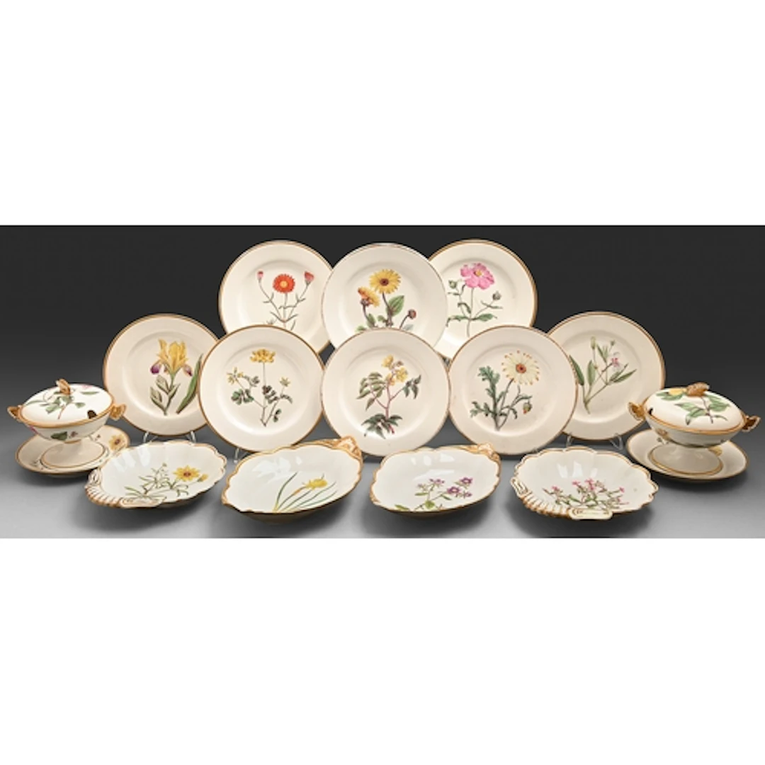 A Spode botanical dessert service, c1815, each painted with ...
