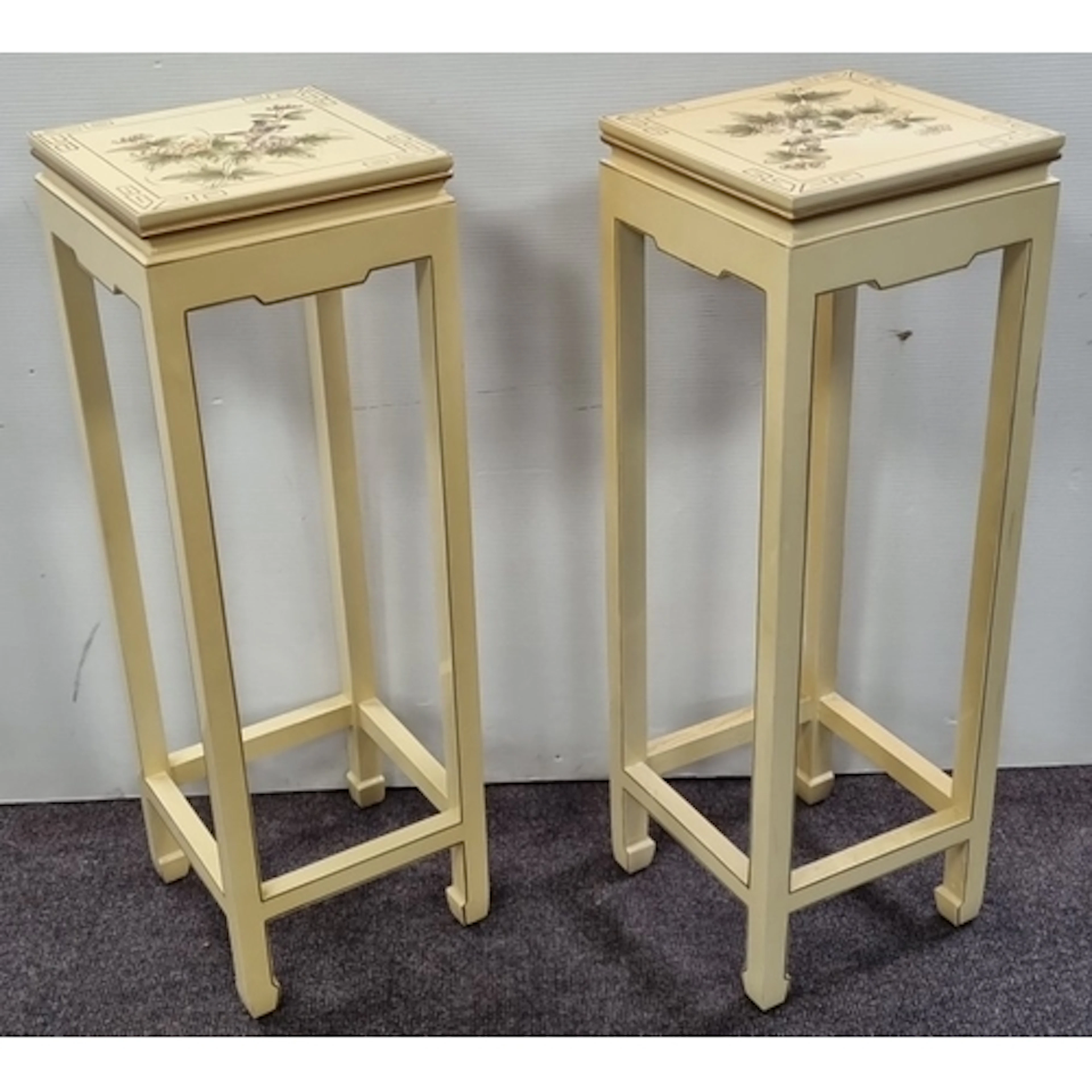 Pair of cream Chinoiserie-style plant stands with bird-and-f...