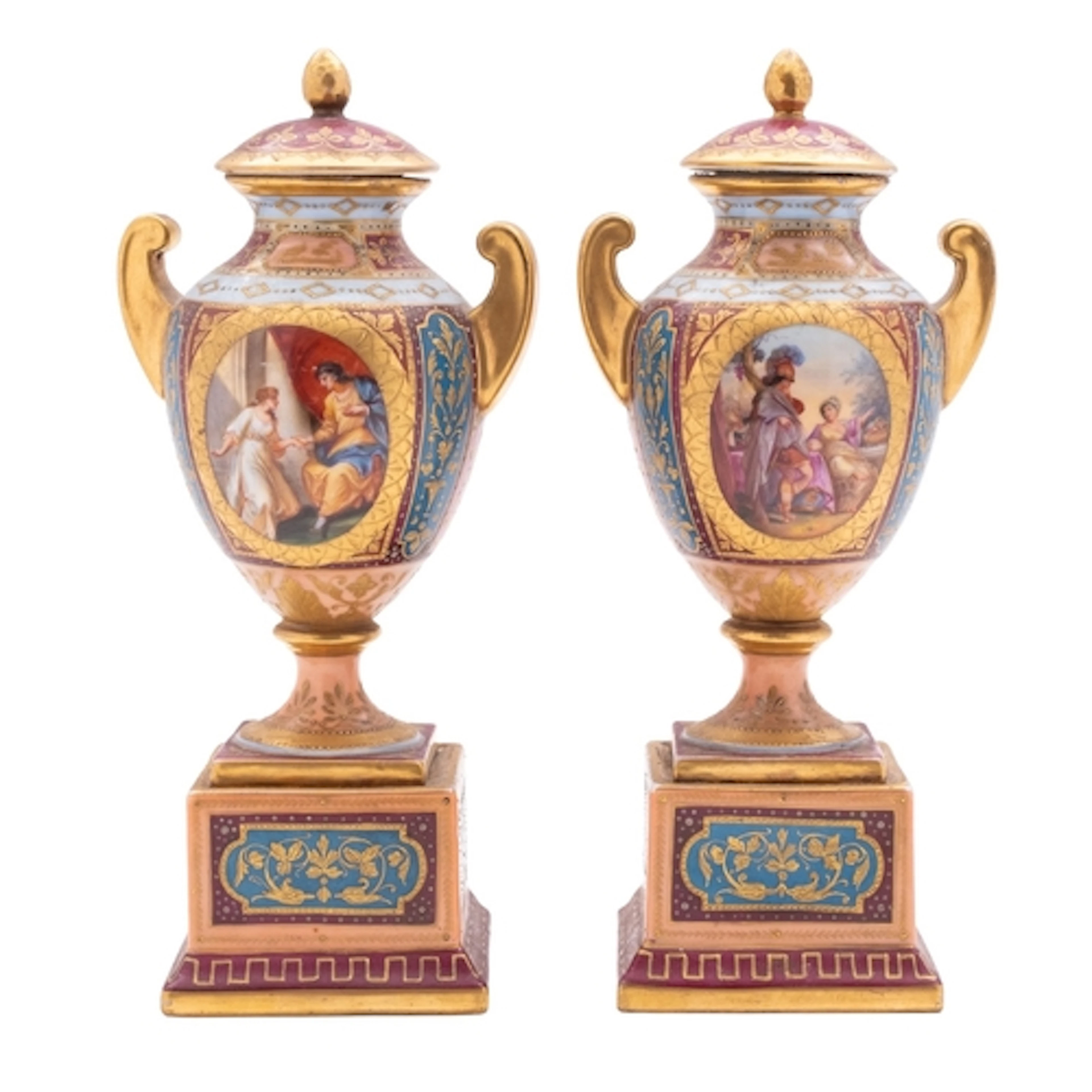 A pair of Austrian porcelain pedestal vases and covers decor...