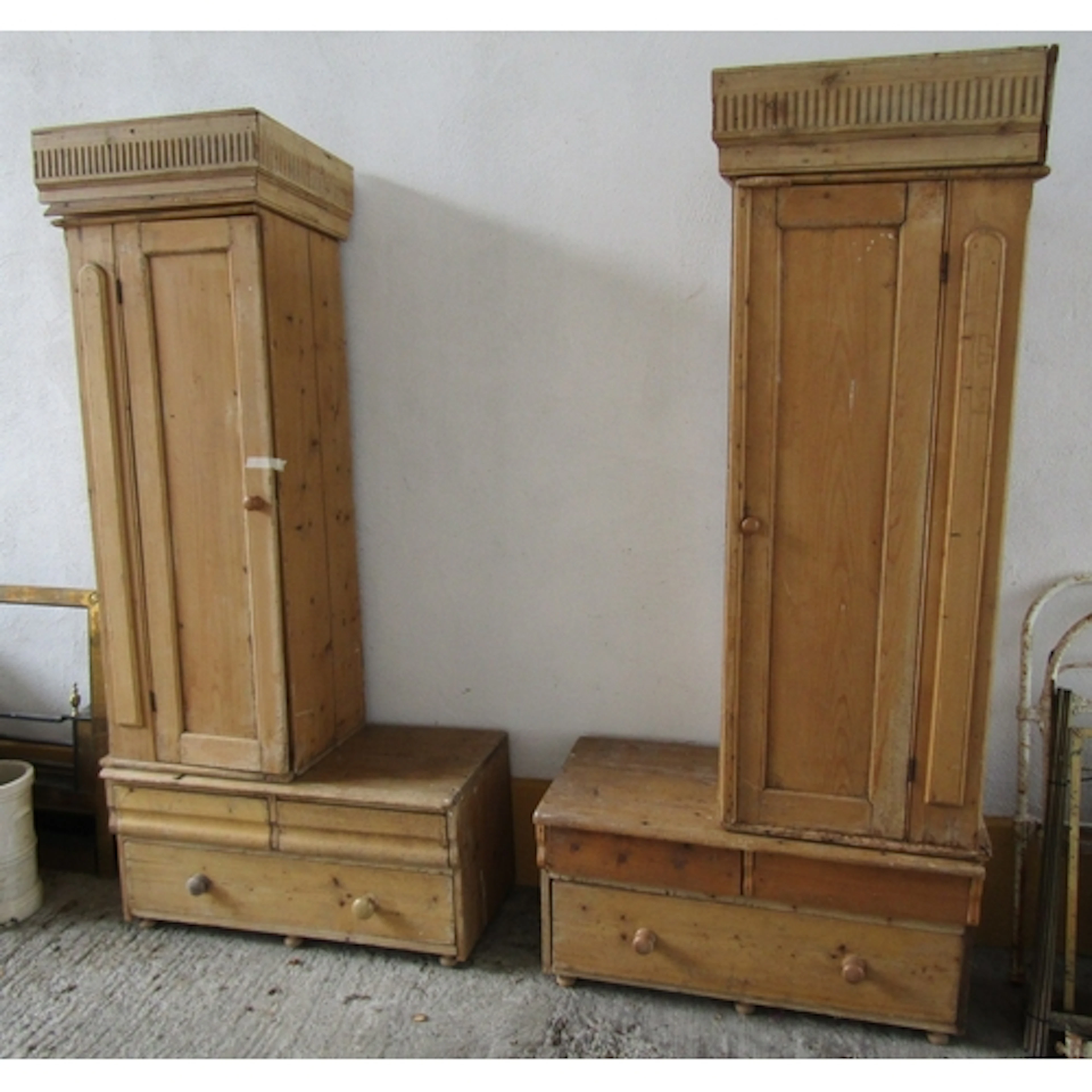 Antique Pine Twin Wardrobes with Chest Form Bases Each Chest...