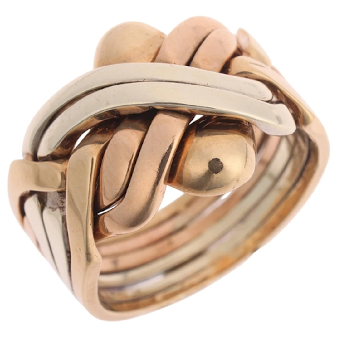 A heavy 9ct three-colour gold keeper knot ring, maker JH & S...