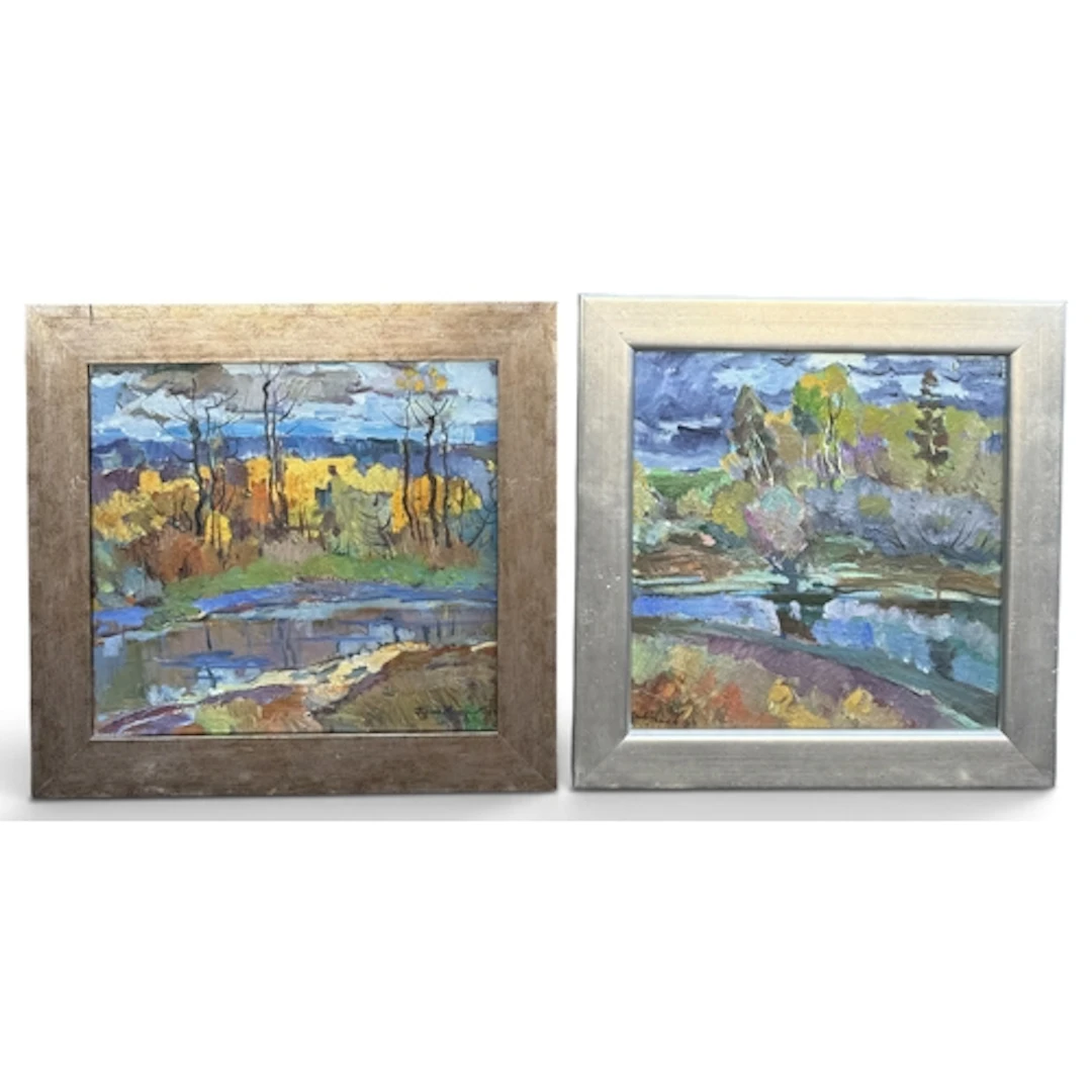 A PAIR OF CONTEMPORARY RUSSIAN LANDSCAPES Oil on board. 48cm...