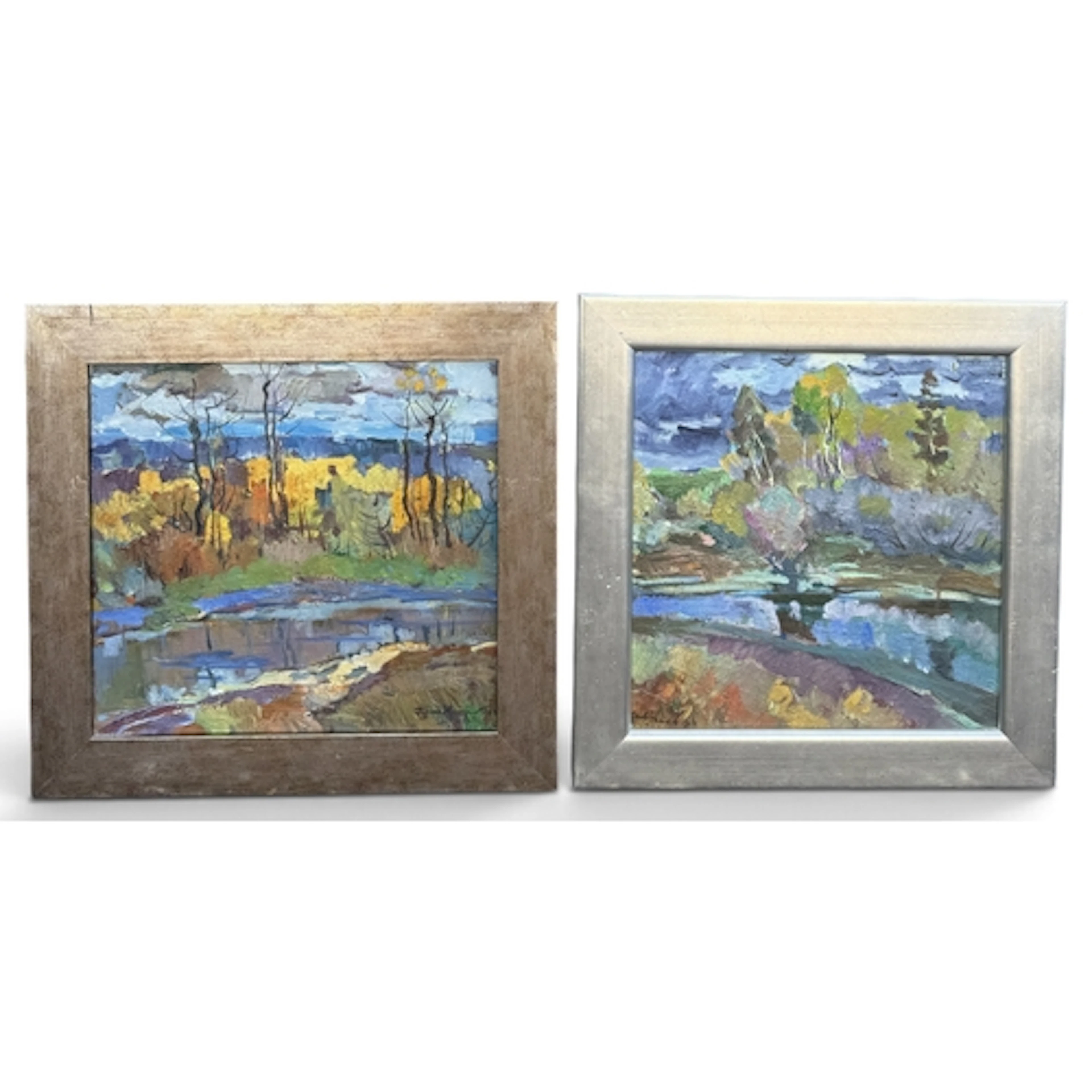 A PAIR OF CONTEMPORARY RUSSIAN LANDSCAPES Oil on board. 48cm...