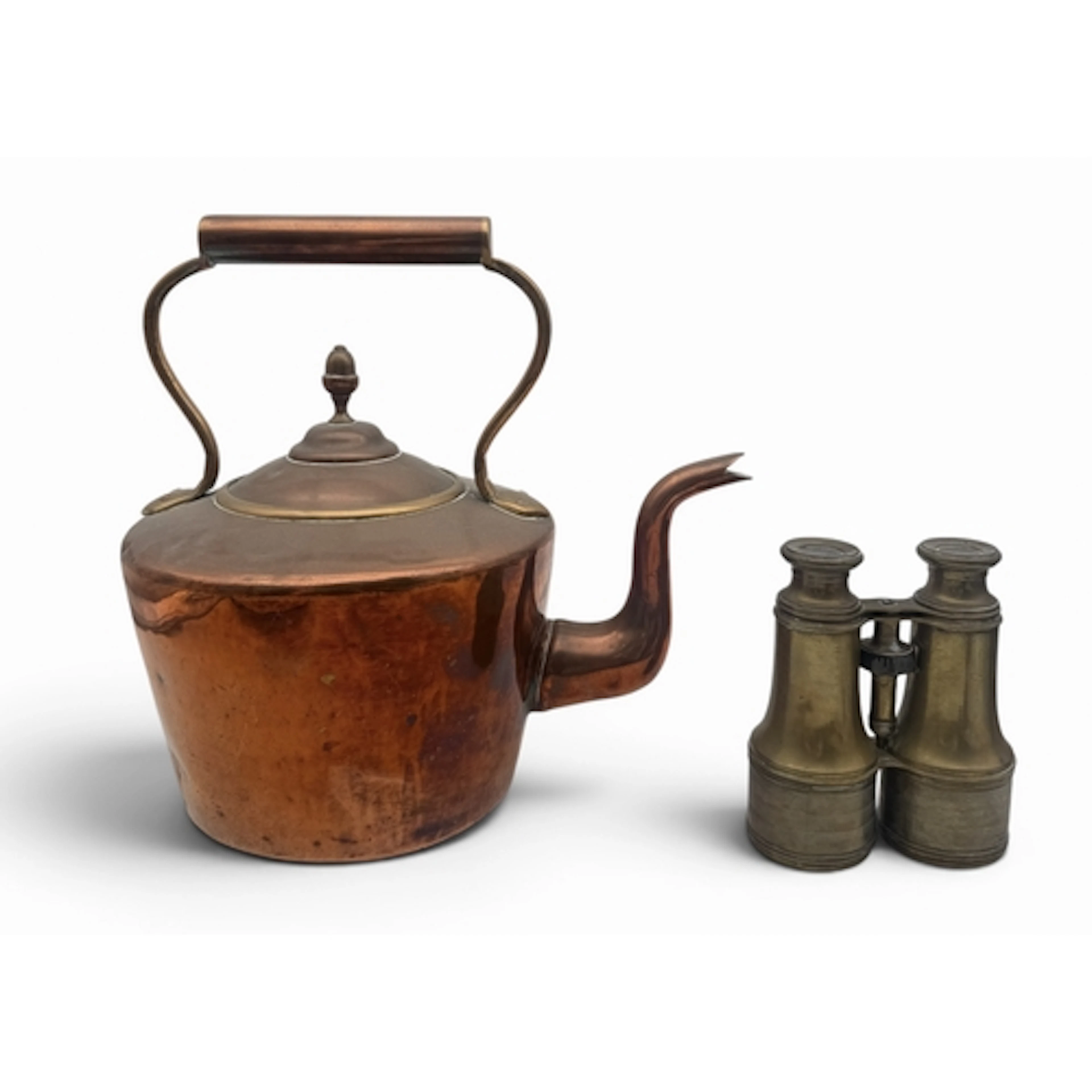 A PAIR OF ANTIQUE BRASS BINOCULARS TOGETHER WITH A BRASS CAR...