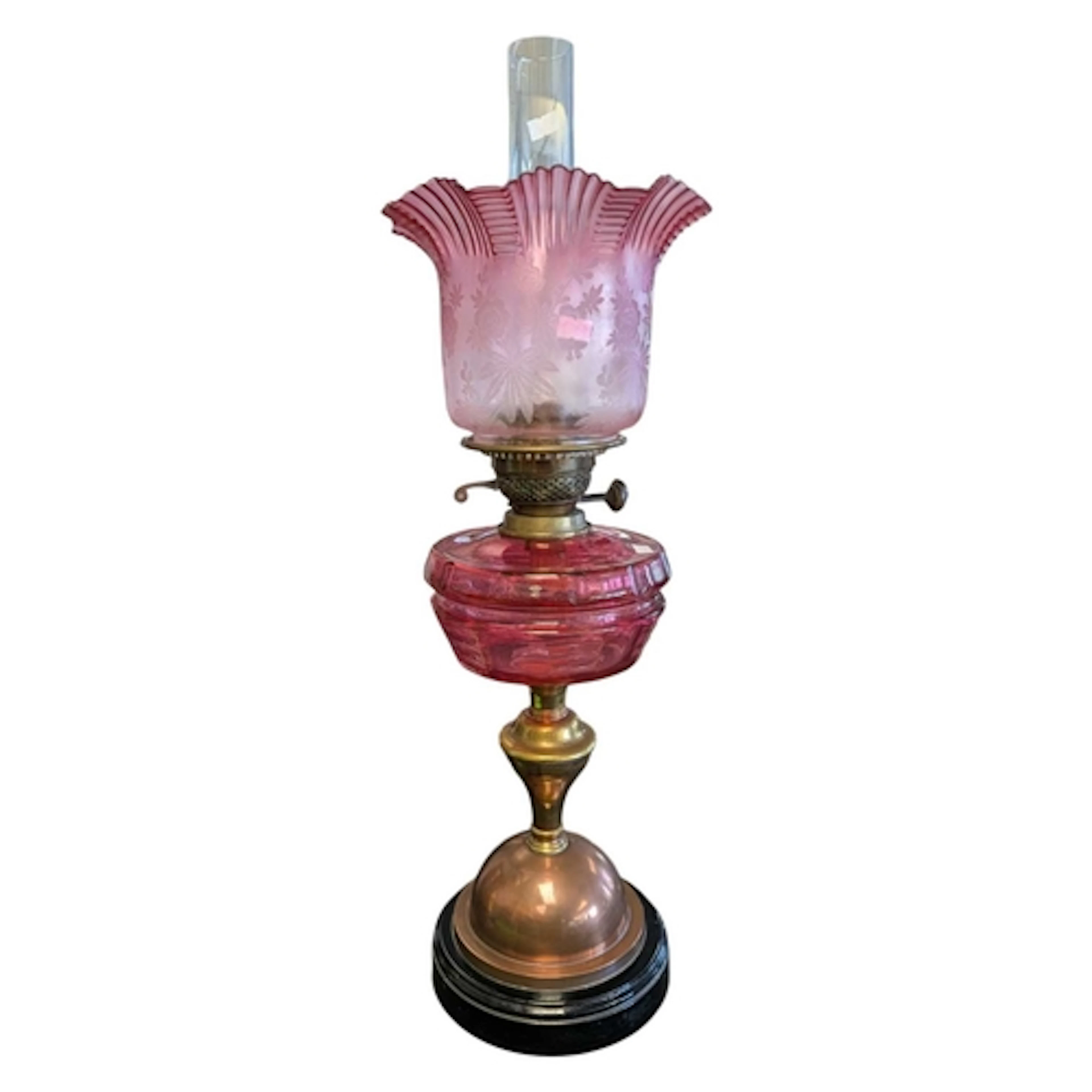 Victorian 19th century cranberry glass table oil lamp light....