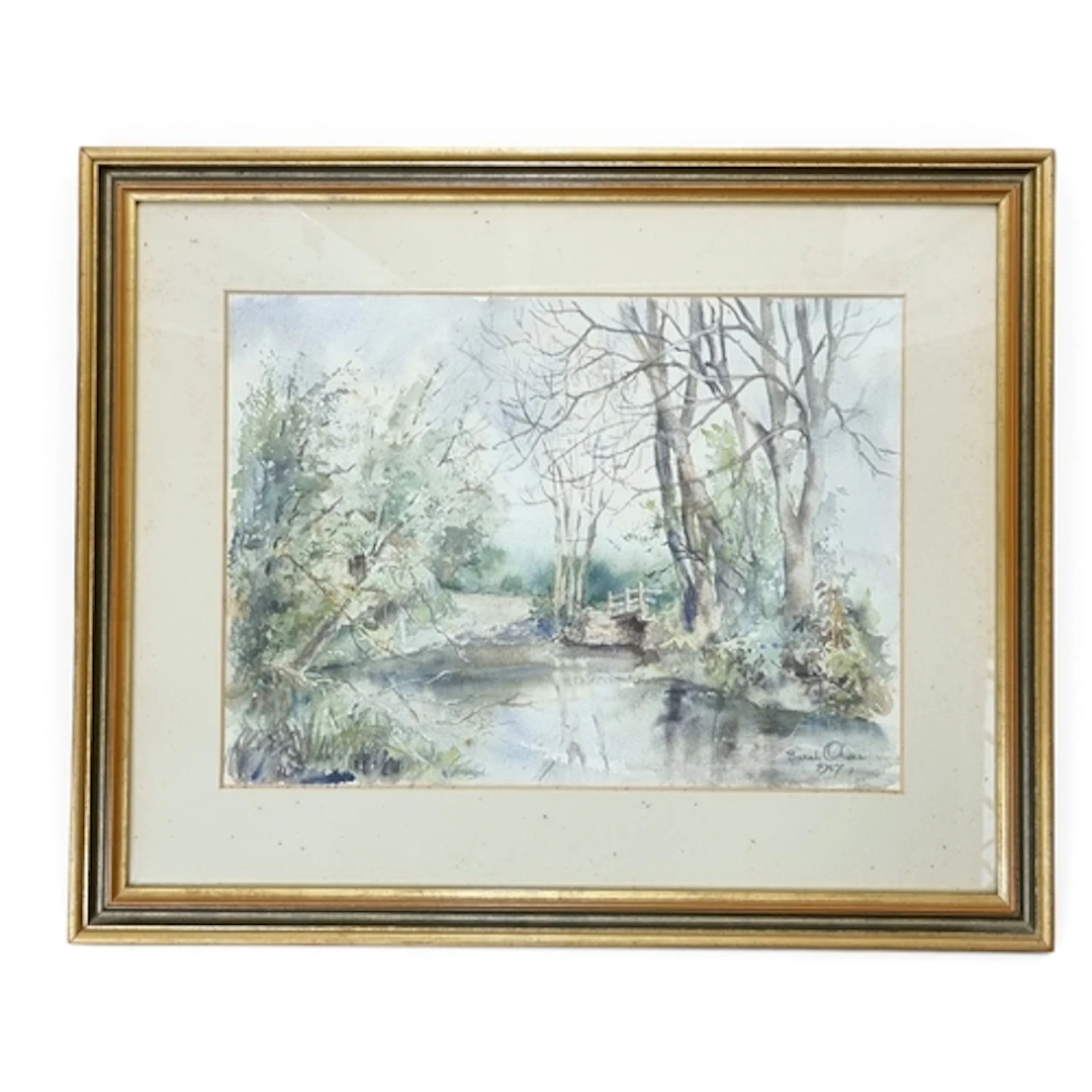 A 20th Century Watercolour of a river scene signed Sarah Oli...
