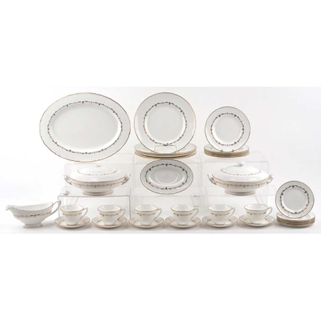 Royal Worcester Gold Chantilly dinnerware including lidded t...