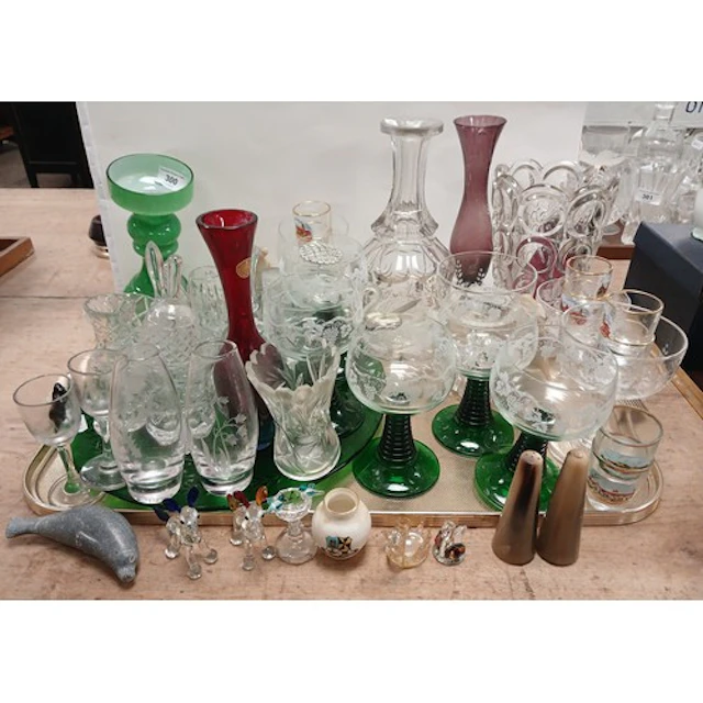 Collection of drinking glasses, coloured glass goblets, vase...