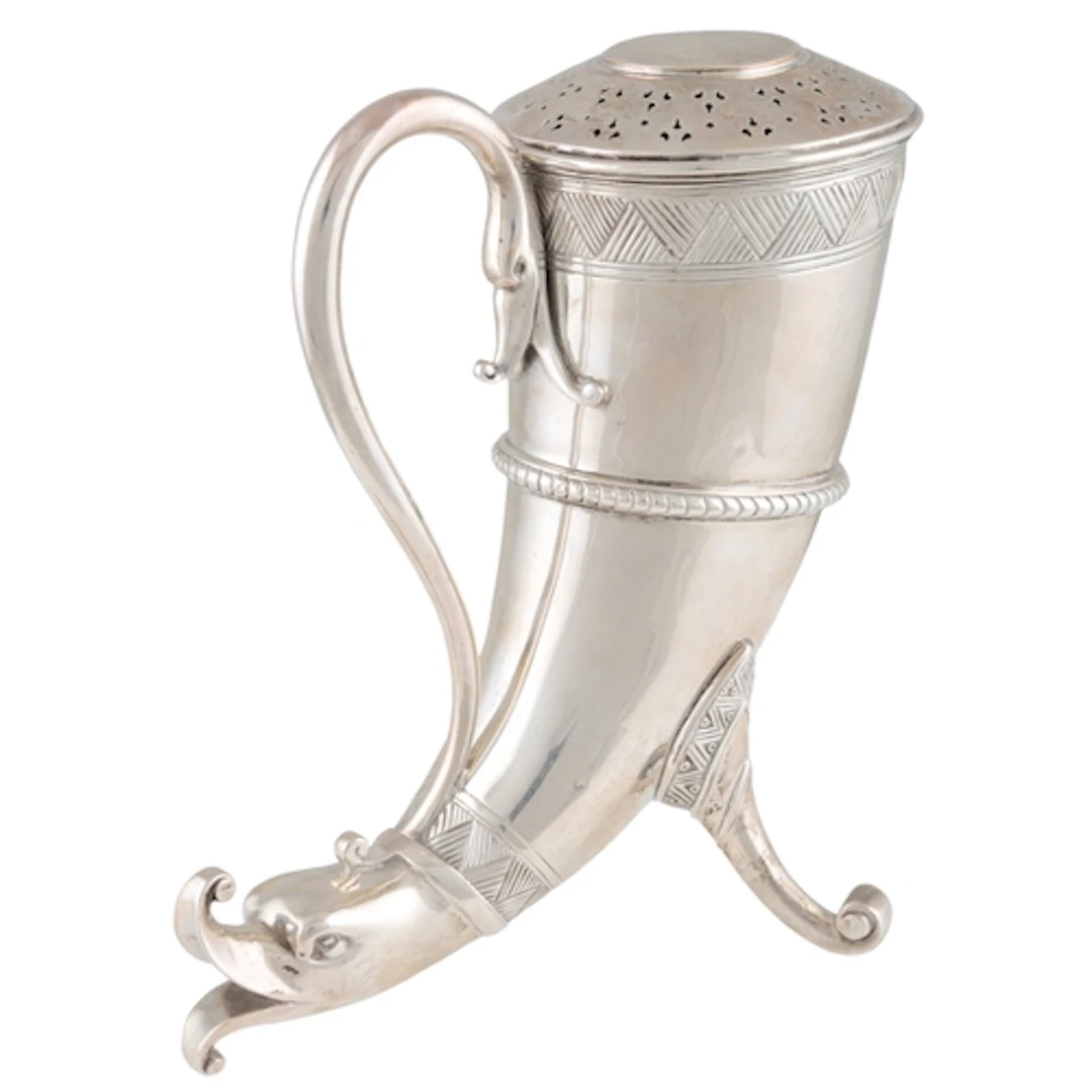 A late Victorian novelty silver horn shaped sugar caster, by...