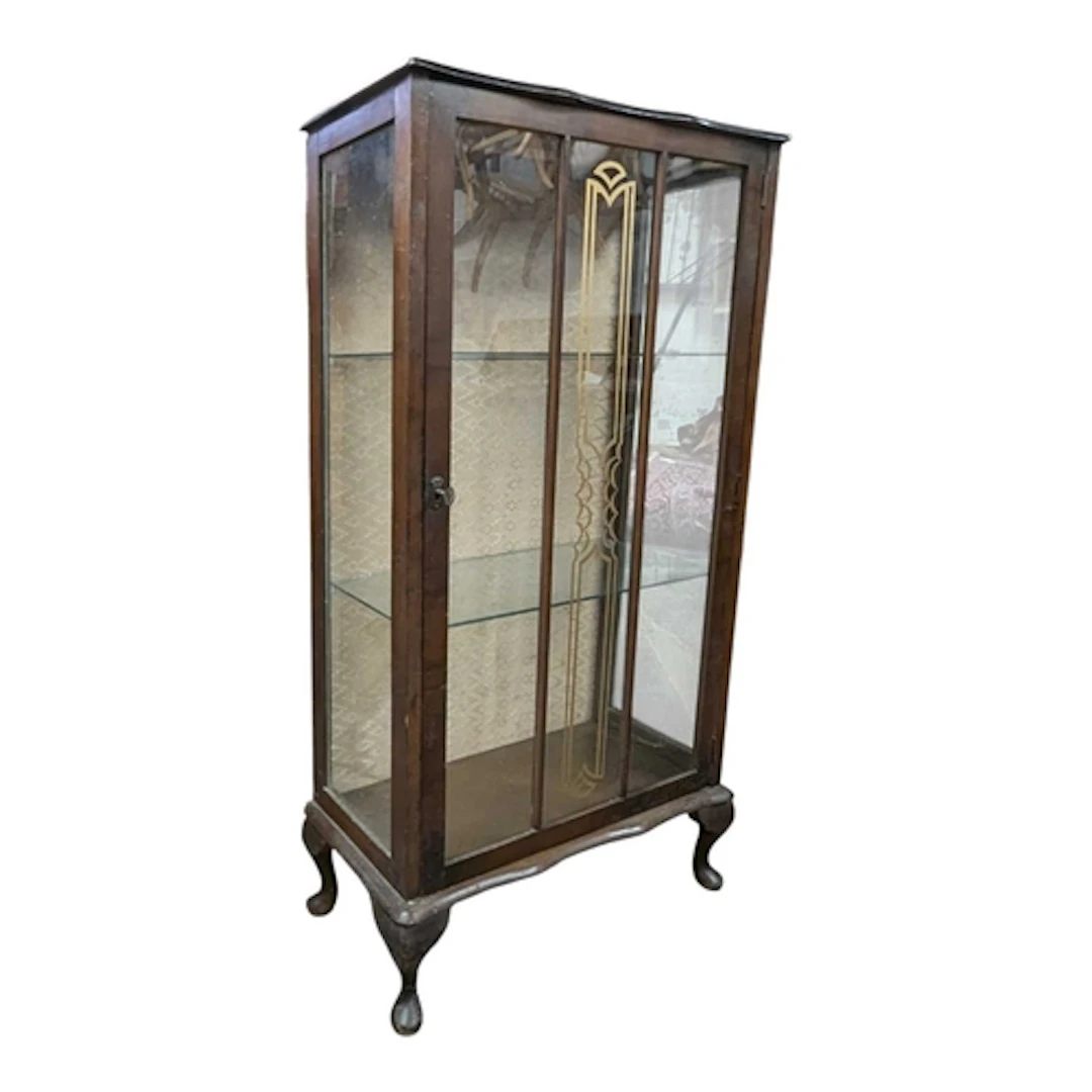 Edwardian walnut display cabinet. Rectangular form with smal...