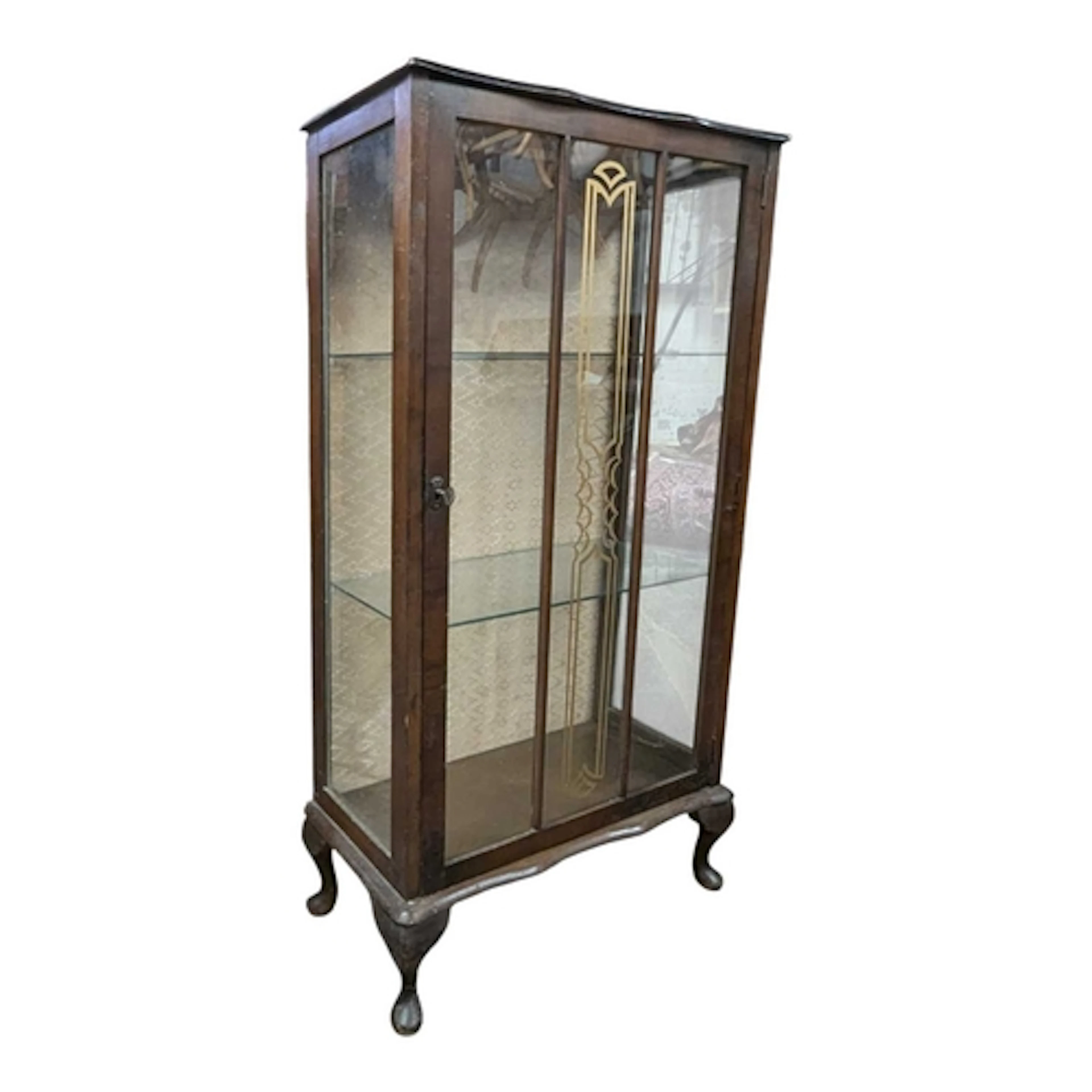 Edwardian walnut display cabinet. Rectangular form with smal...