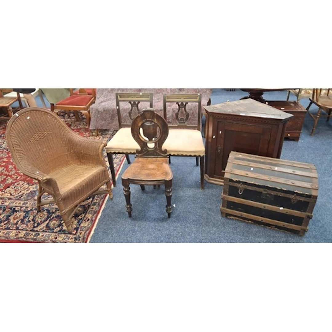 DOME TOP TRUNK, OAK CORNER CABINET WITH SINGLE PANEL DOOR, E...