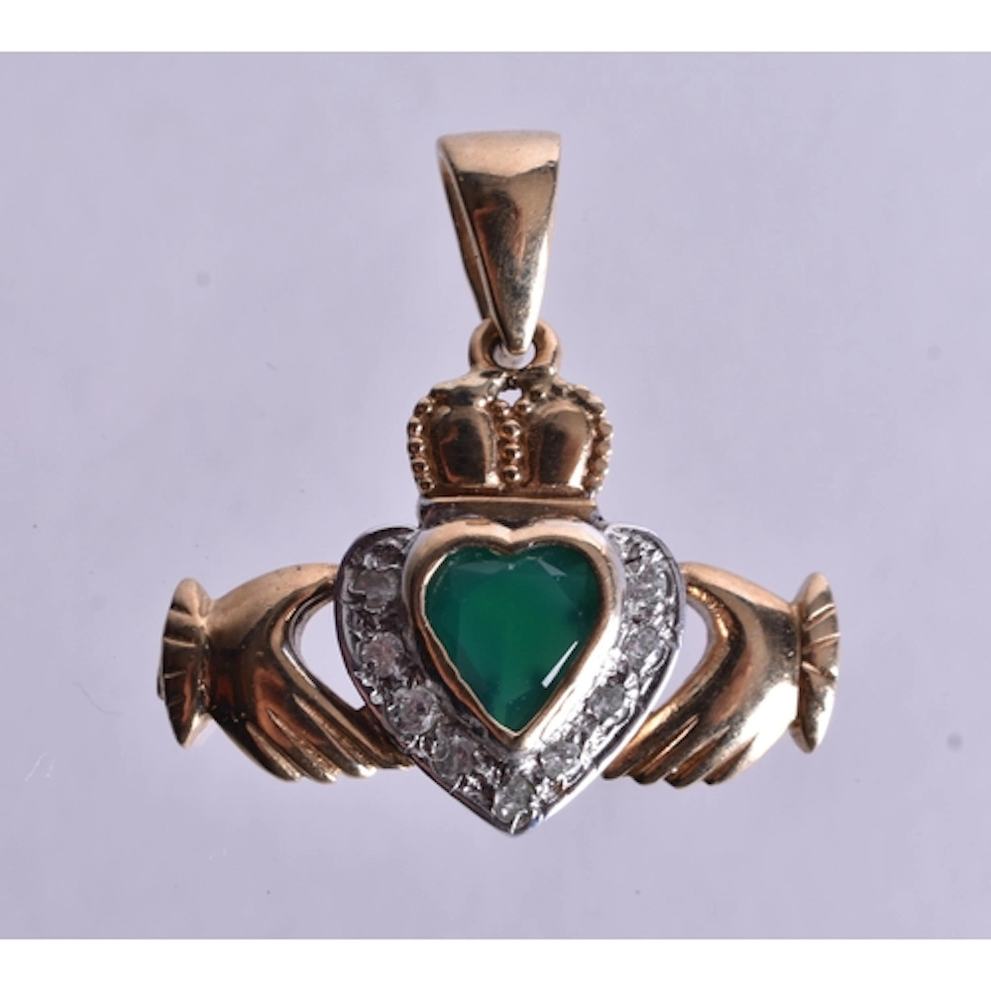 9ct gold white gemstone and chrysoprase claddagh pendant (3....