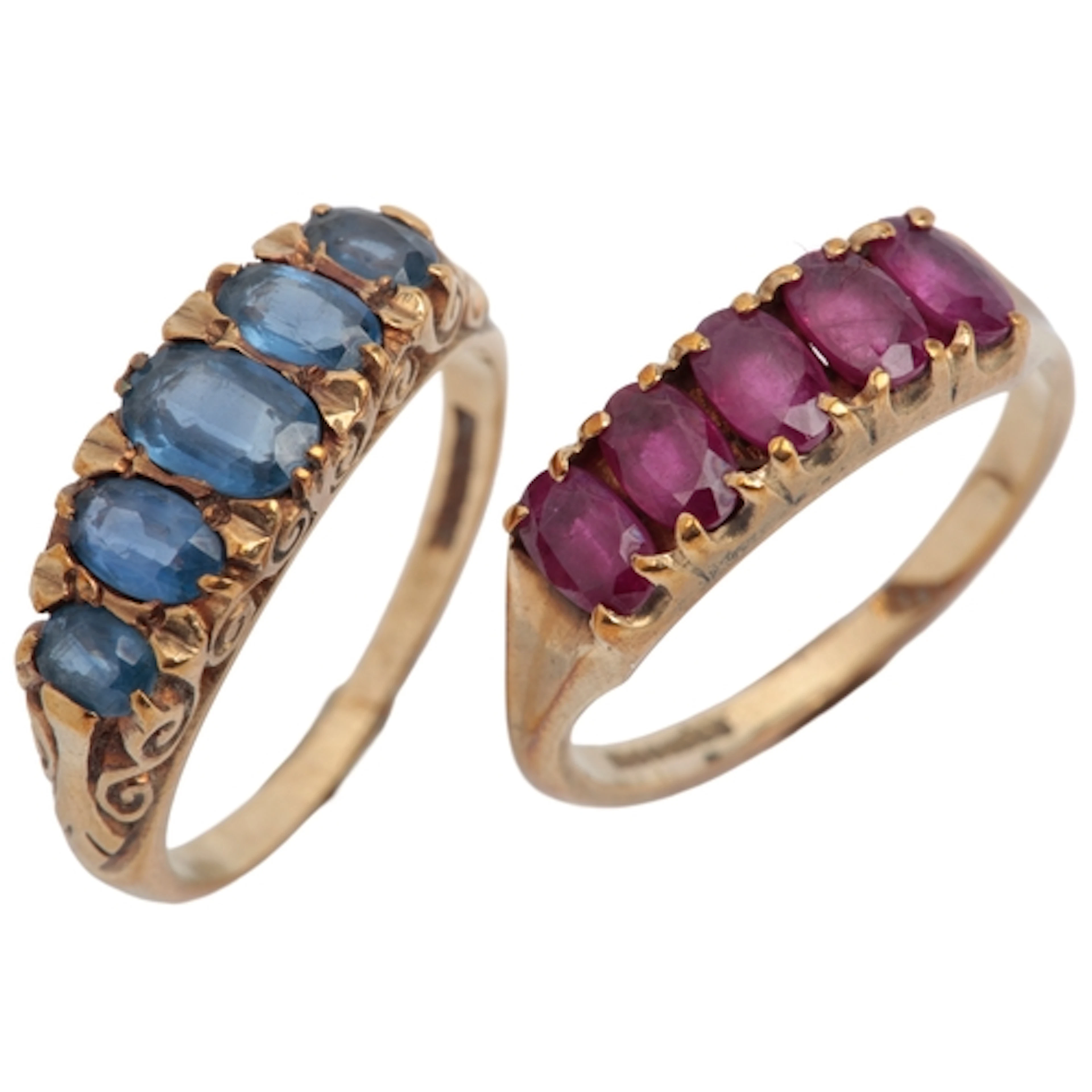 A sapphire ring and a ruby ring, each set with a sequence of...