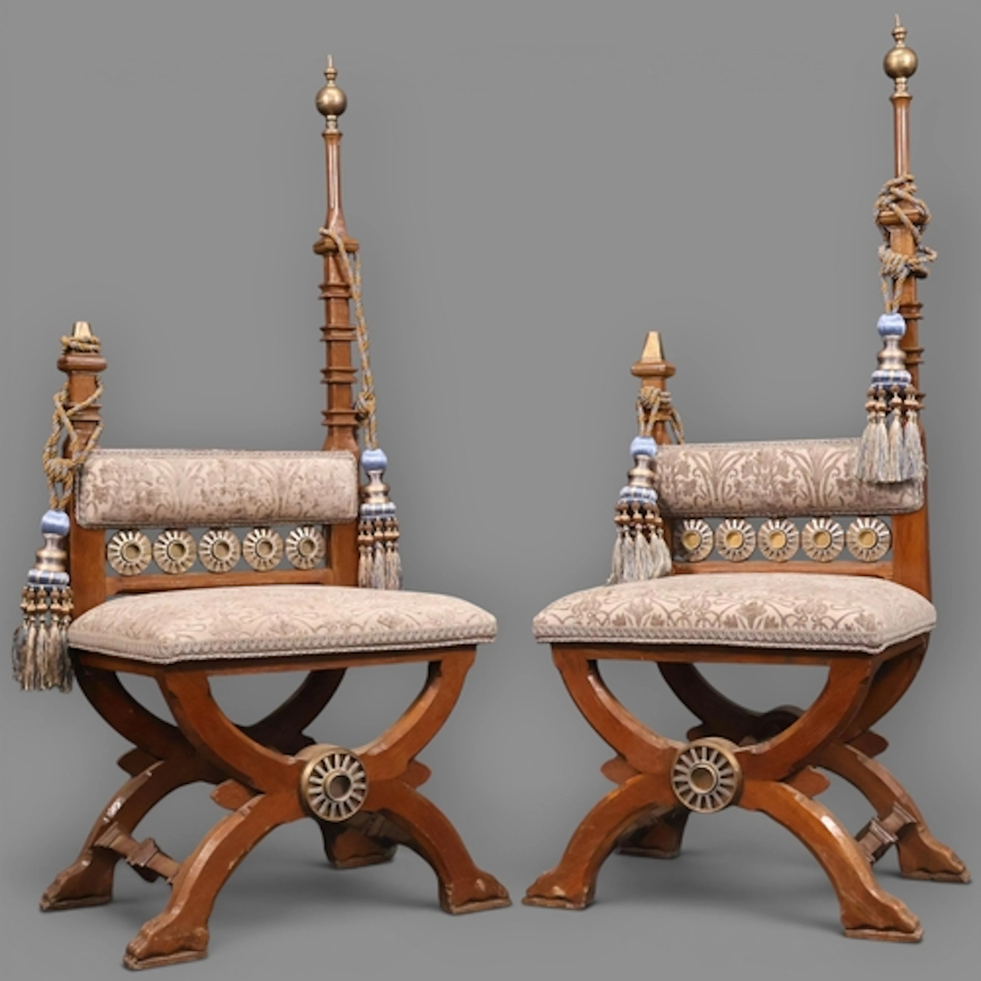 An unusual pair of Carlo Bugatti style chairs in oak with cu...