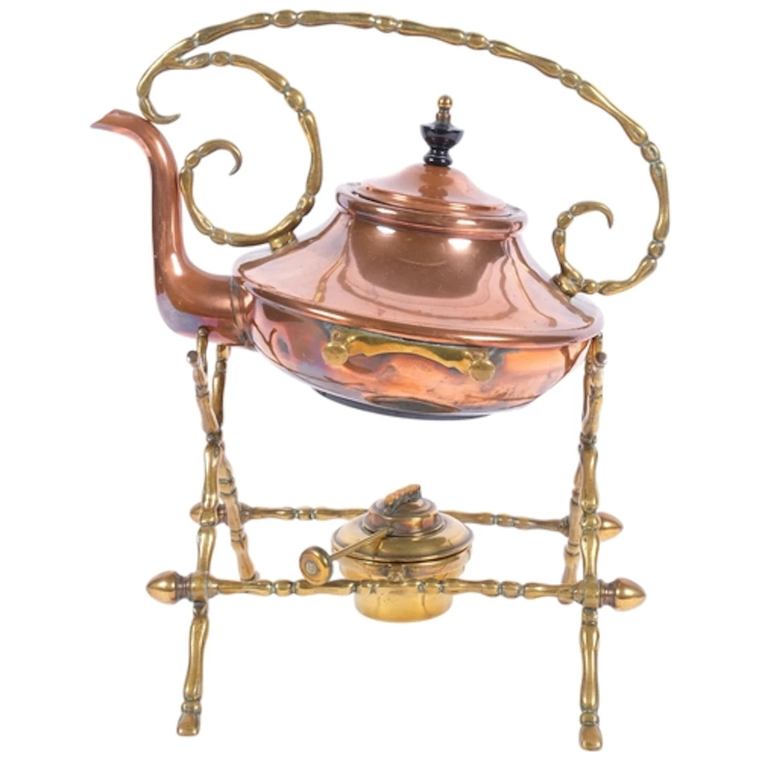 Arts and Crafts copper and brass spirit kettle on stand, wit...