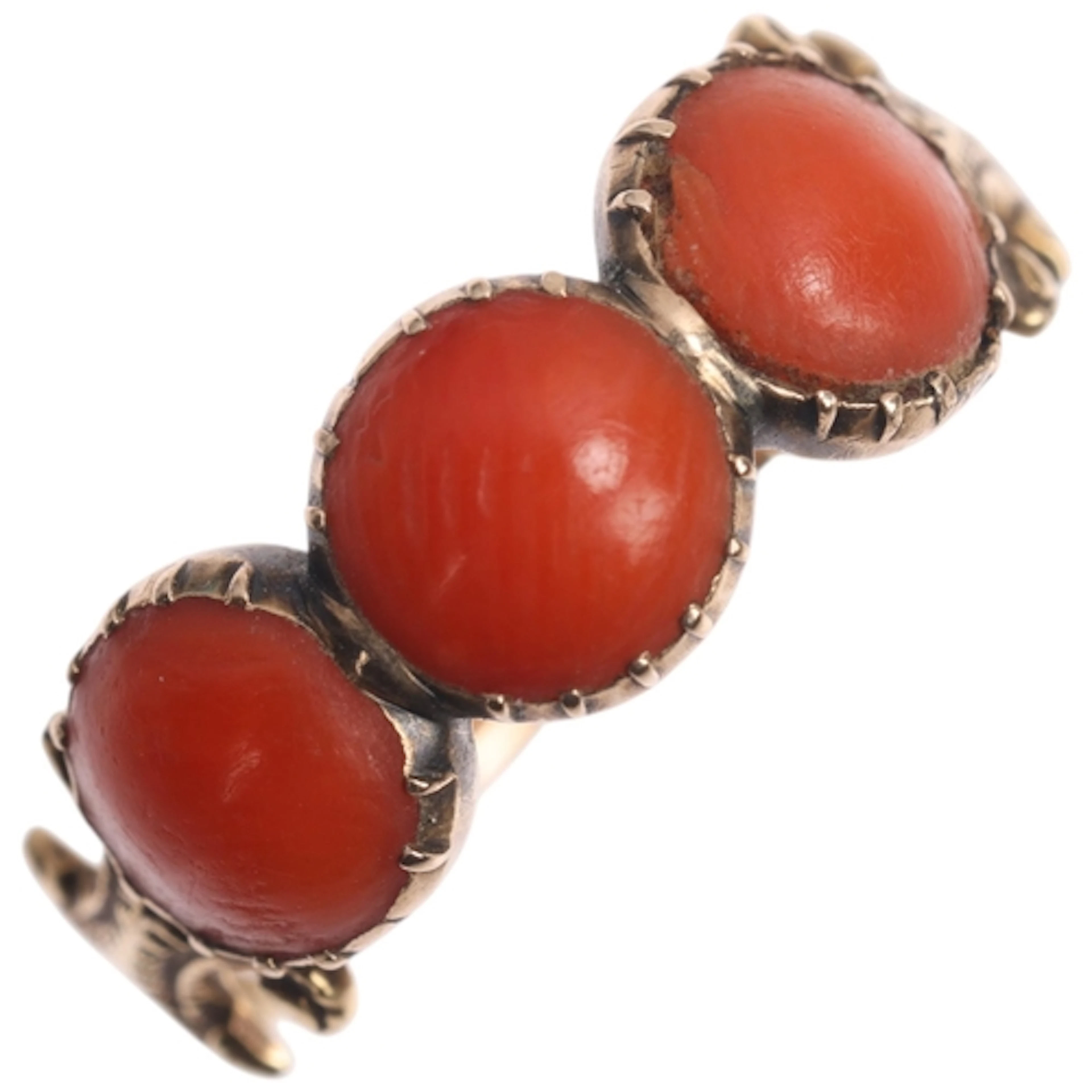 An Antique Georgian gold three stone coral ring, circa 1800,...
